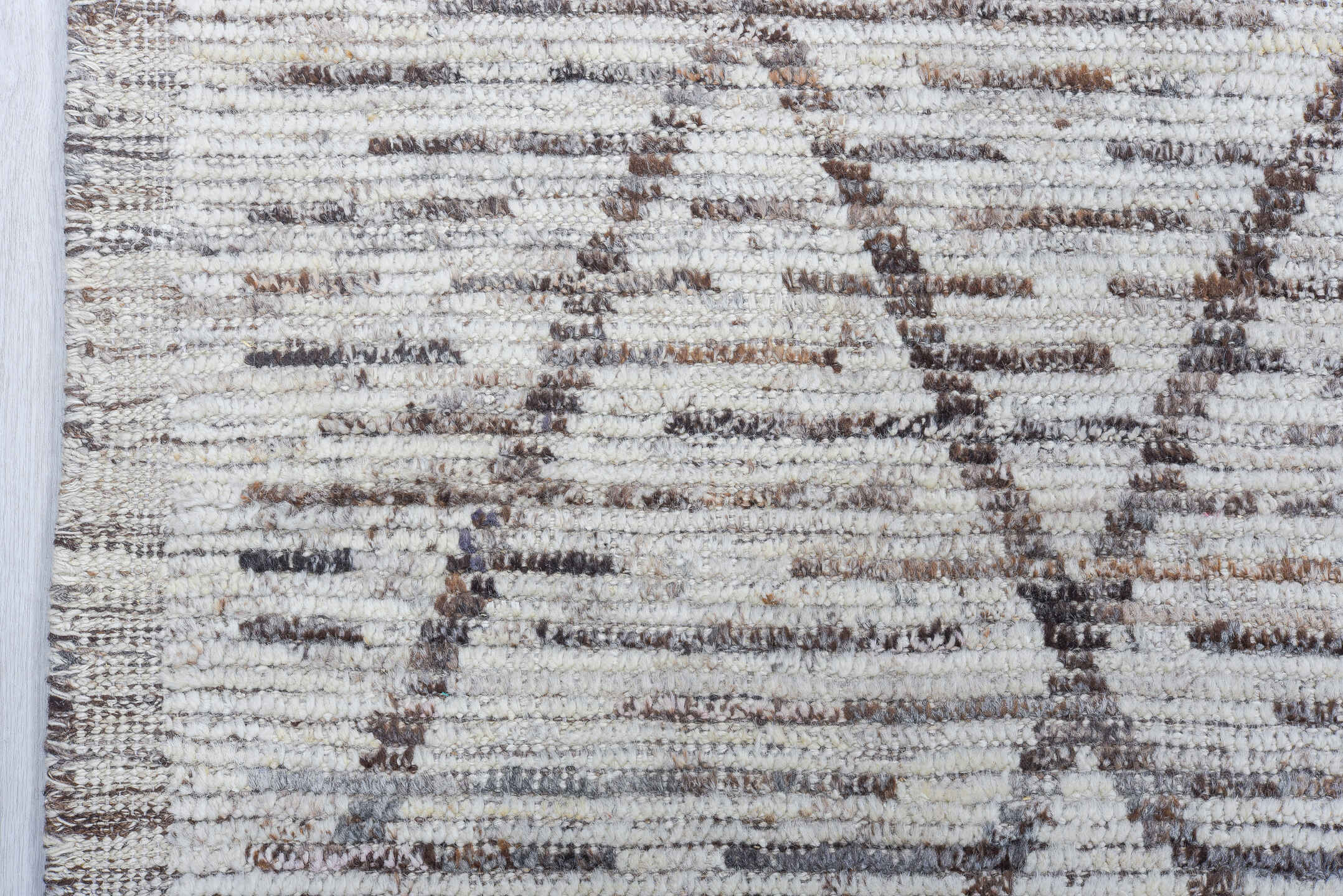 6' x 13' one-of-a-kind handmade vintage Tulu large size rug. Color palette: ivory, charcoal, taupe, brown, gray, black