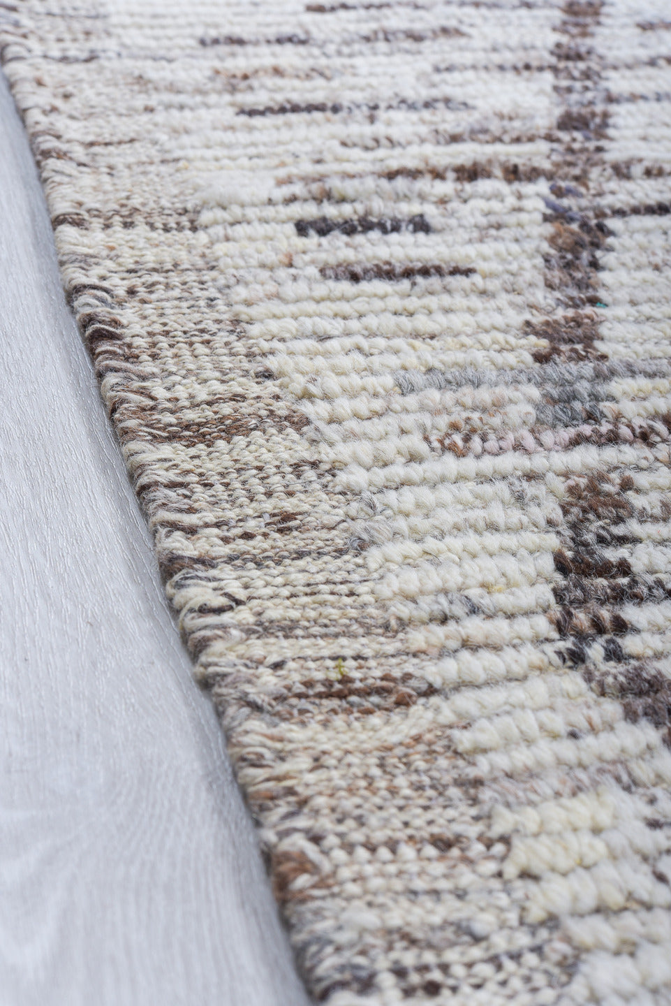 6' x 13' one-of-a-kind handmade vintage Tulu large size rug. Color palette: ivory, charcoal, taupe, brown, gray, black