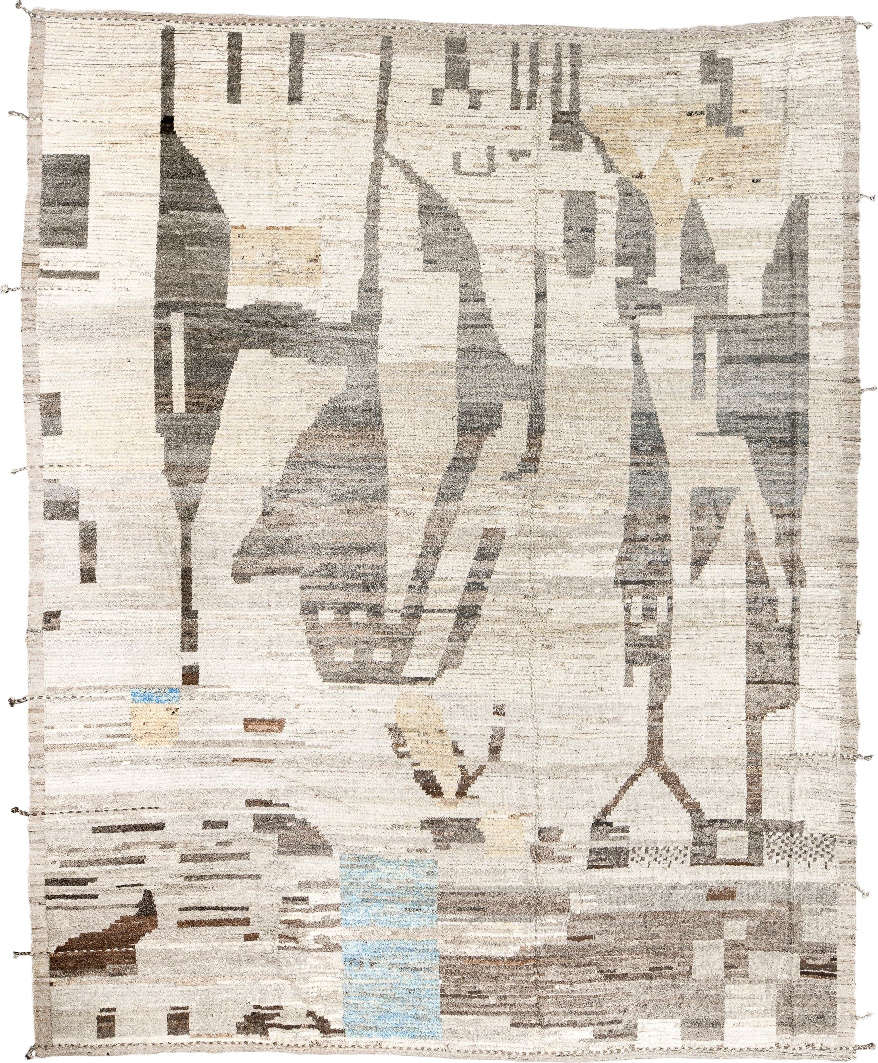 10' x 13' one-of-a-kind handmade vintage Tulu large size rug. Color palette: ivory, taupe, charcoal, brown, cream, pale_blue