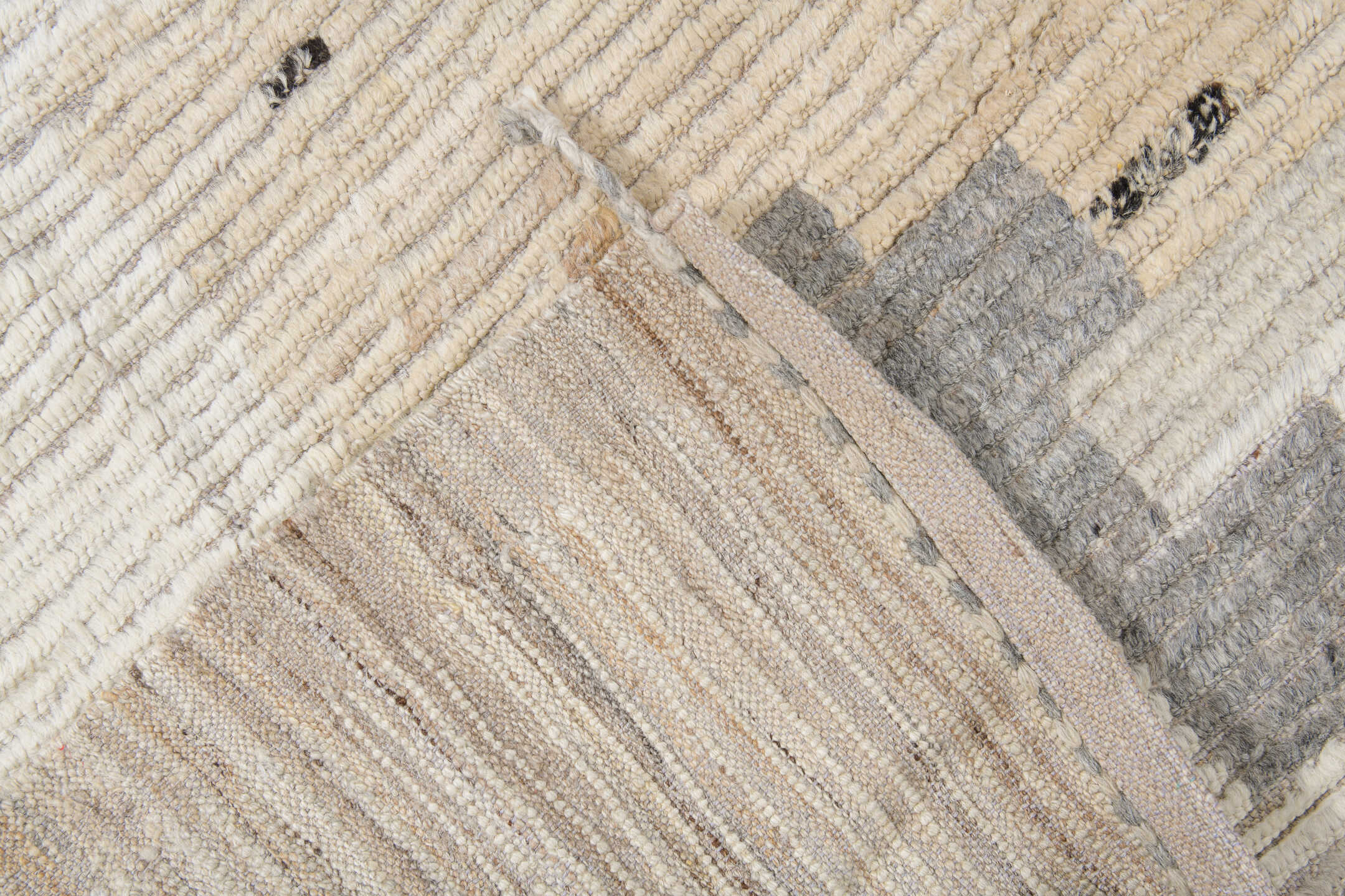 10' x 13' one-of-a-kind handmade vintage Tulu large size rug. Color palette: ivory, taupe, charcoal, brown, cream, pale_blue
