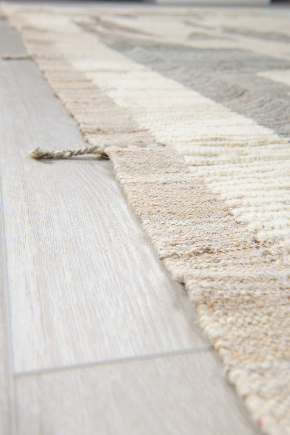 10' x 13' one-of-a-kind handmade vintage Tulu large size rug. Color palette: ivory, taupe, charcoal, brown, cream, pale_blue