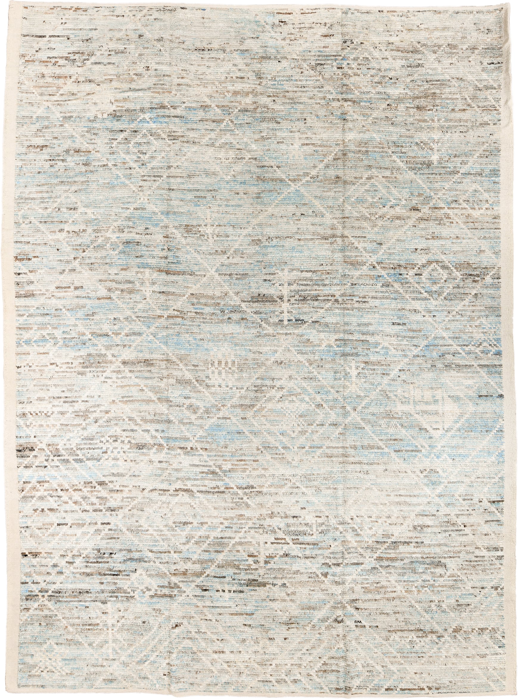 10' x 13' one-of-a-kind handmade vintage Tulu large size rug. Color palette: ivory, sky blue, taupe, beige, camel, brown