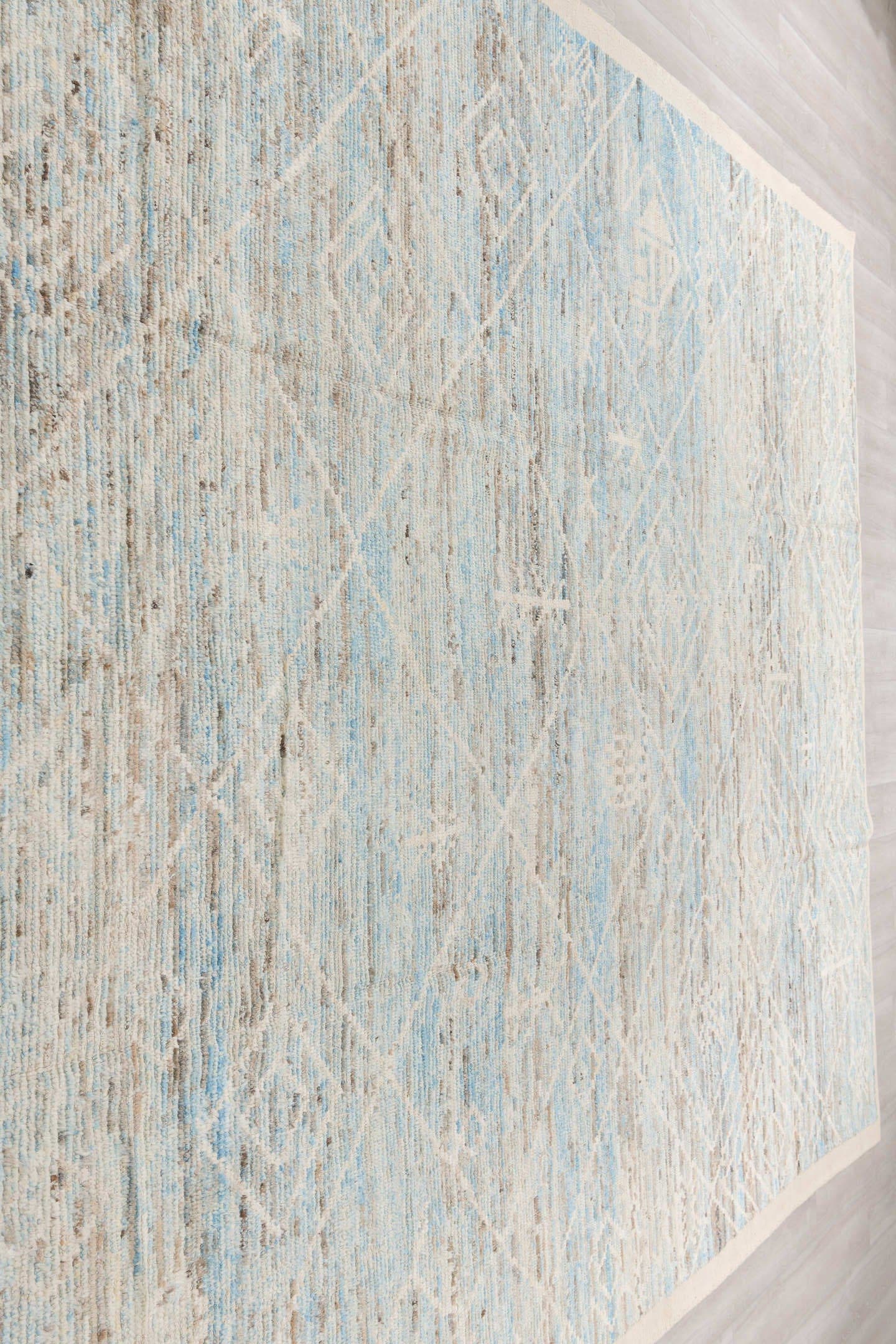 10' x 13' one-of-a-kind handmade vintage Tulu large size rug. Color palette: ivory, sky blue, taupe, beige, camel, brown