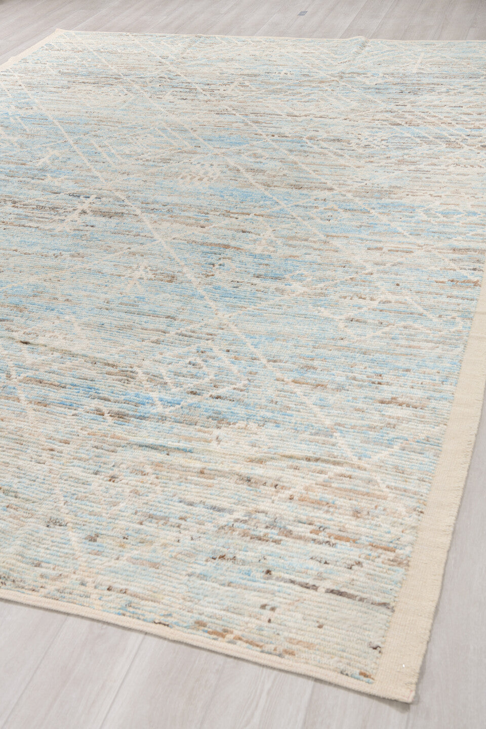 10' x 13' one-of-a-kind handmade vintage Tulu large size rug. Color palette: ivory, sky blue, taupe, beige, camel, brown