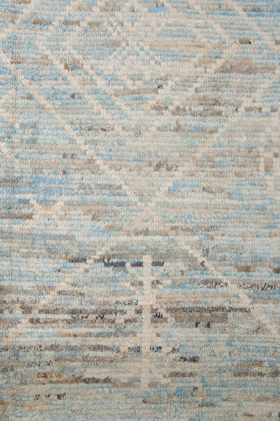 10' x 13' one-of-a-kind handmade vintage Tulu large size rug. Color palette: ivory, sky blue, taupe, beige, camel, brown