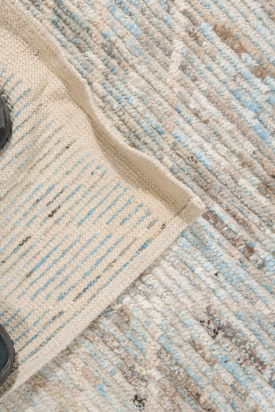 10' x 13' one-of-a-kind handmade vintage Tulu large size rug. Color palette: ivory, sky blue, taupe, beige, camel, brown