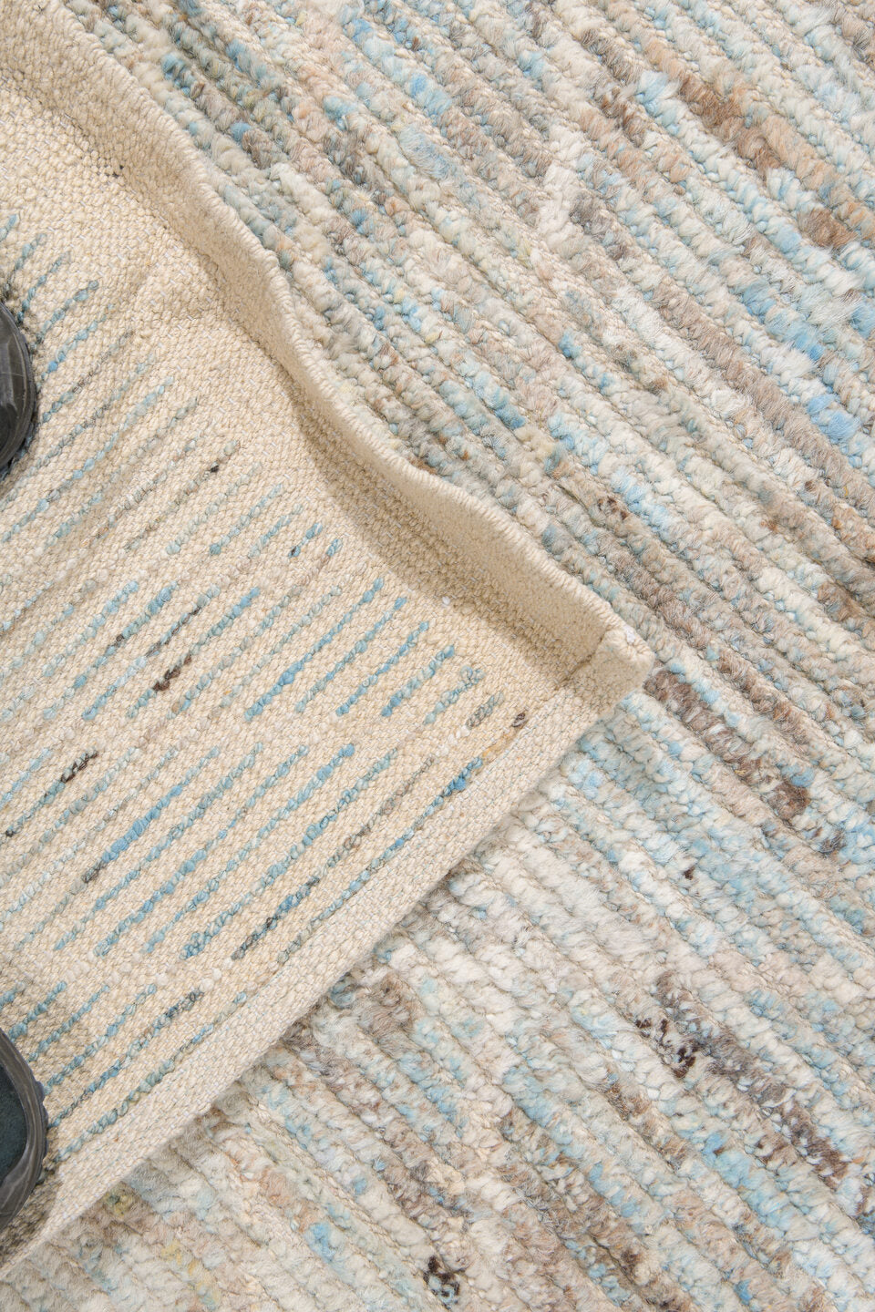 10' x 13' one-of-a-kind handmade vintage Tulu large size rug. Color palette: ivory, sky blue, taupe, beige, camel, brown