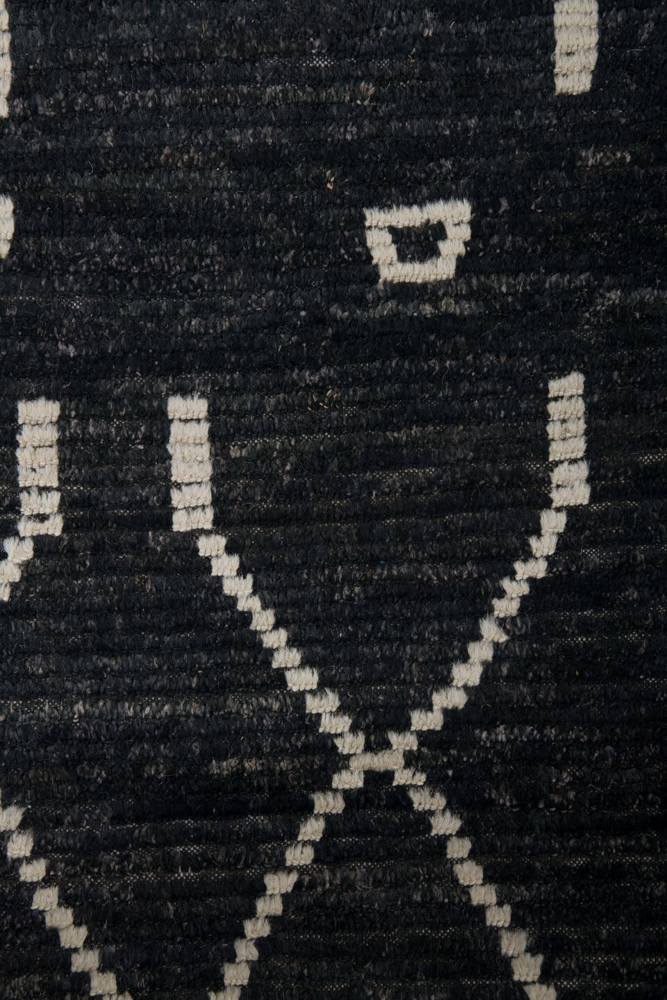 9' x 12' one-of-a-kind handmade vintage Tulu large size rug. Color palette: charcoal, ivory, slate, ebony, gray, black