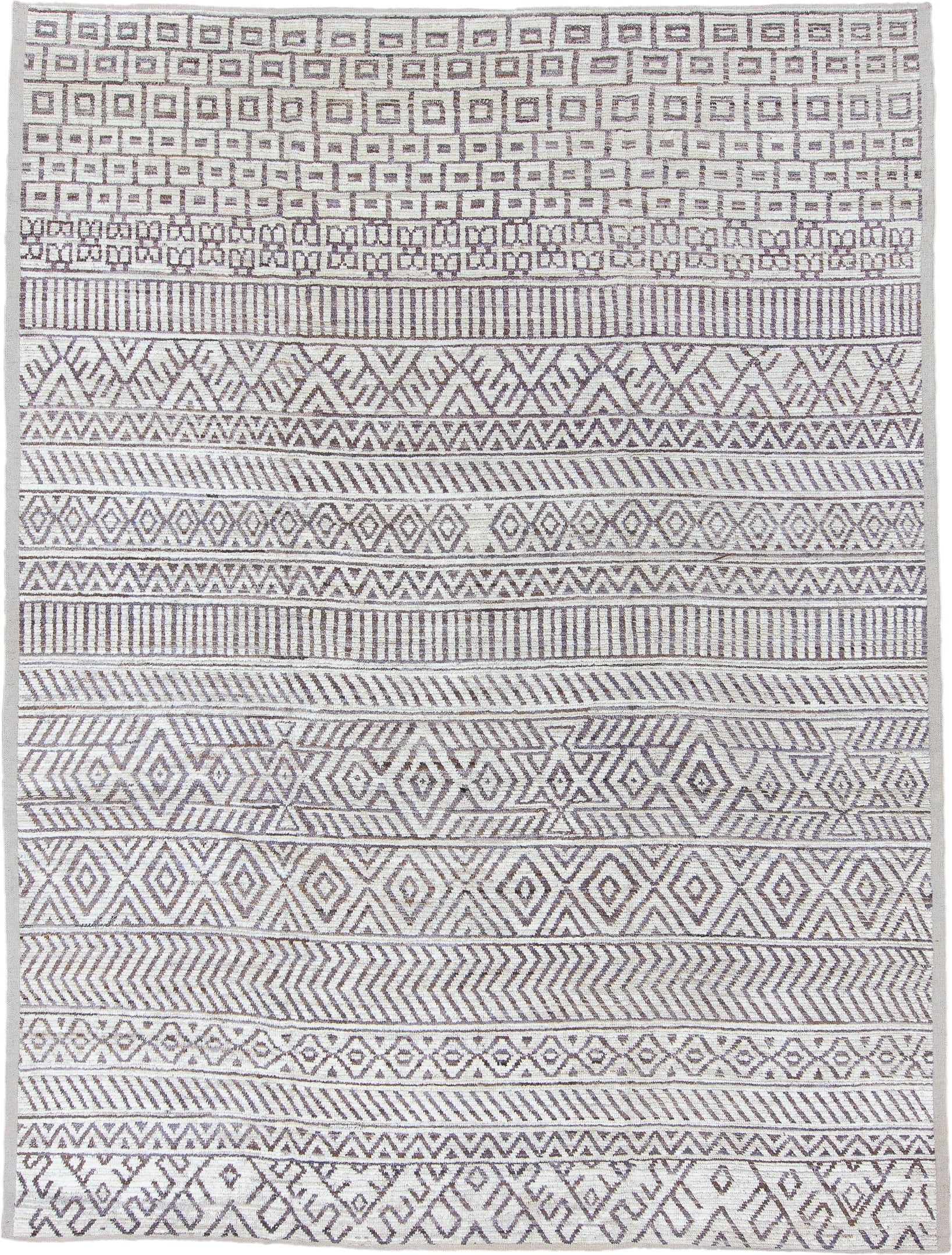 9' x 12' one-of-a-kind handmade vintage Tulu large size rug. Color palette: ivory, taupe, brown, charcoal, beige, gray