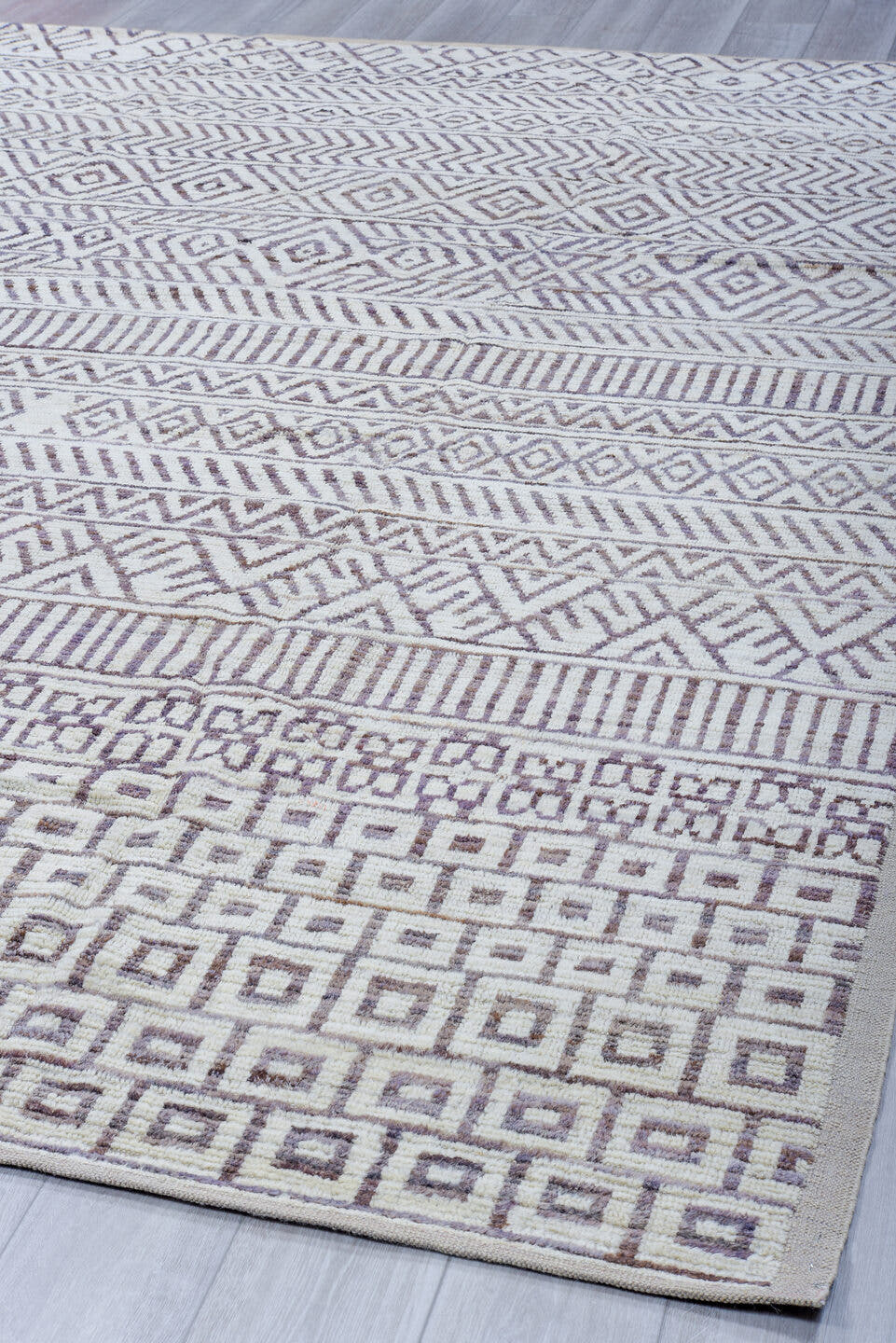 9' x 12' one-of-a-kind handmade vintage Tulu large size rug. Color palette: ivory, taupe, brown, charcoal, beige, gray