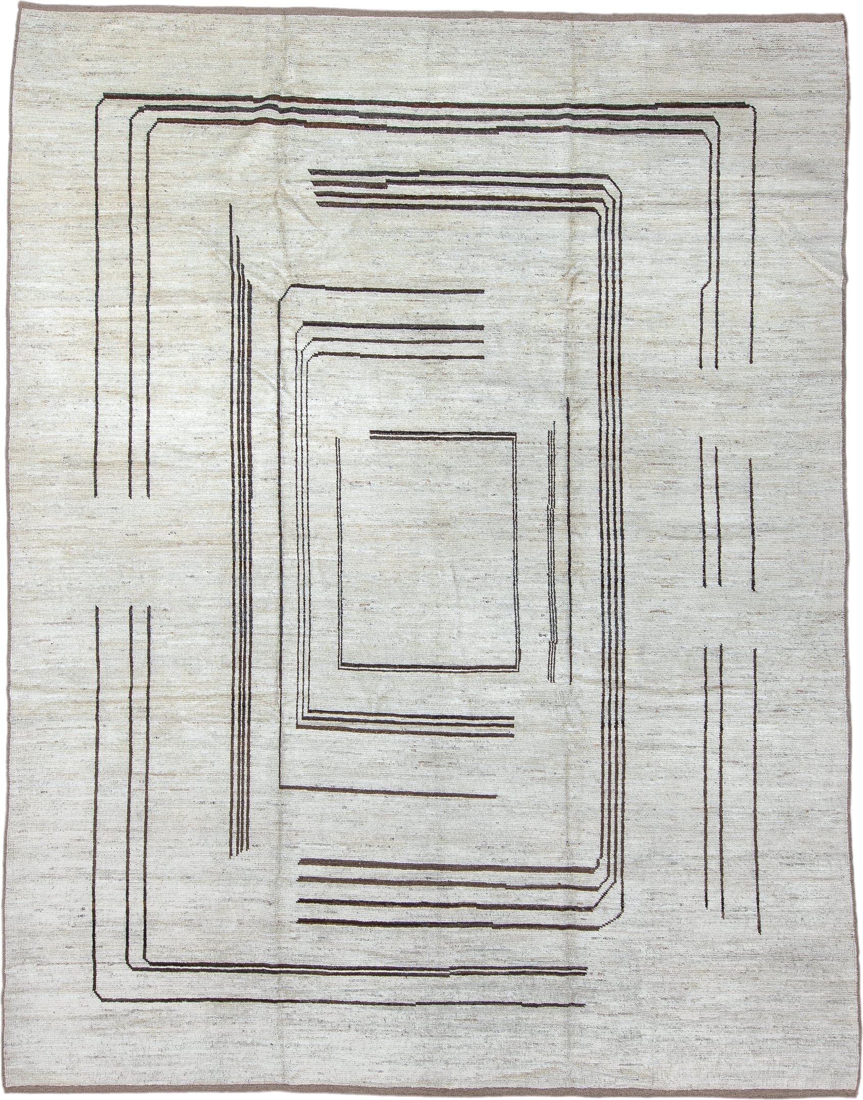 9' x 12' one-of-a-kind handmade vintage Tulu large size rug. Color palette: ivory, charcoal, taupe, gray, black, beige