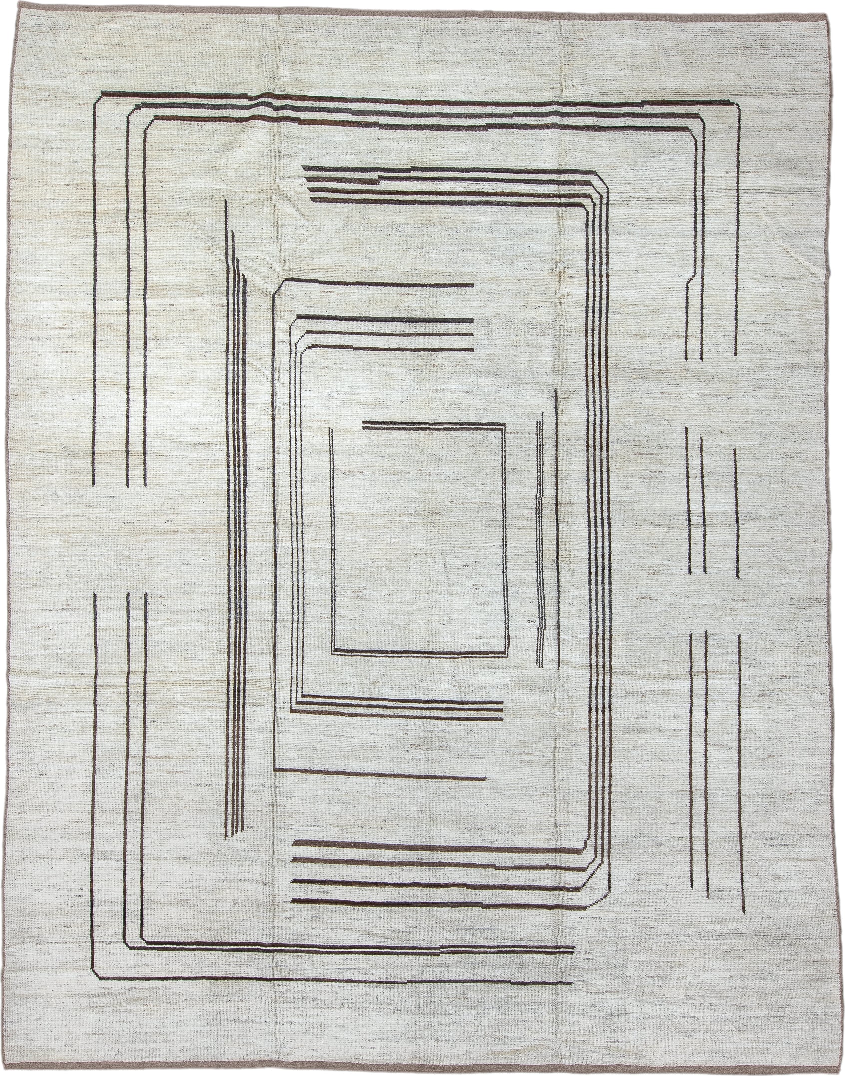 9' x 12' one-of-a-kind handmade vintage Tulu large size rug. Color palette: ivory, charcoal, taupe, gray, black, beige