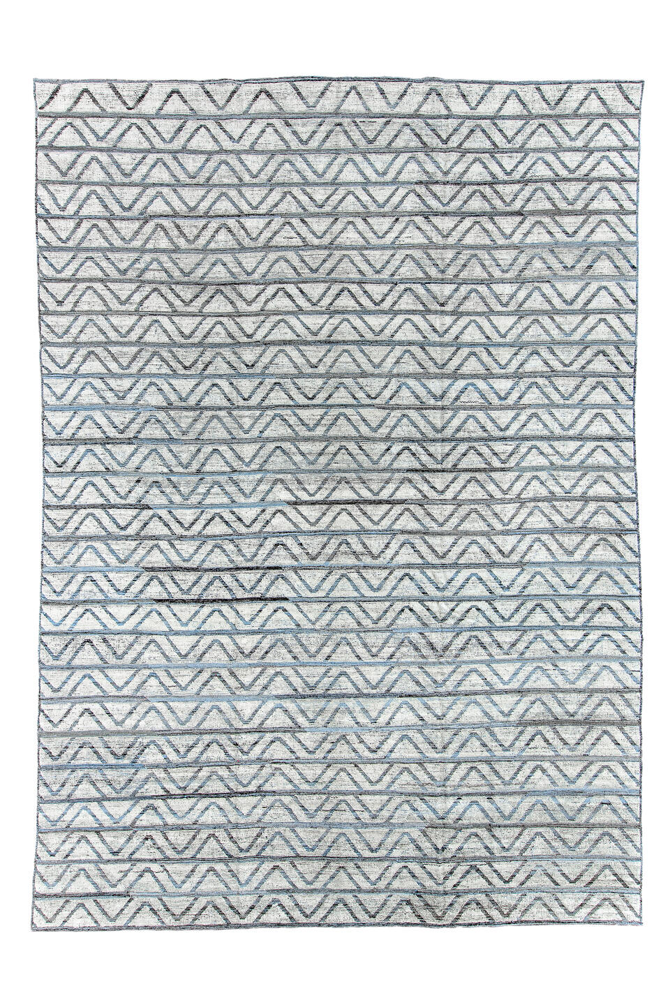 9' x 13' one-of-a-kind handmade vintage Tulu large size rug. Color palette: black, blue, charcoal, dark gray, dim gray