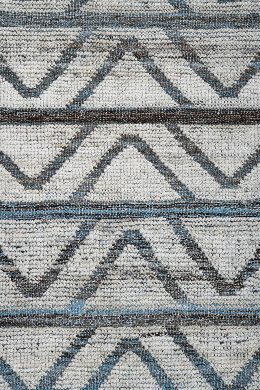 9' x 13' one-of-a-kind handmade vintage Tulu large size rug. Color palette: ivory, slate, blue, charcoal, gray, black