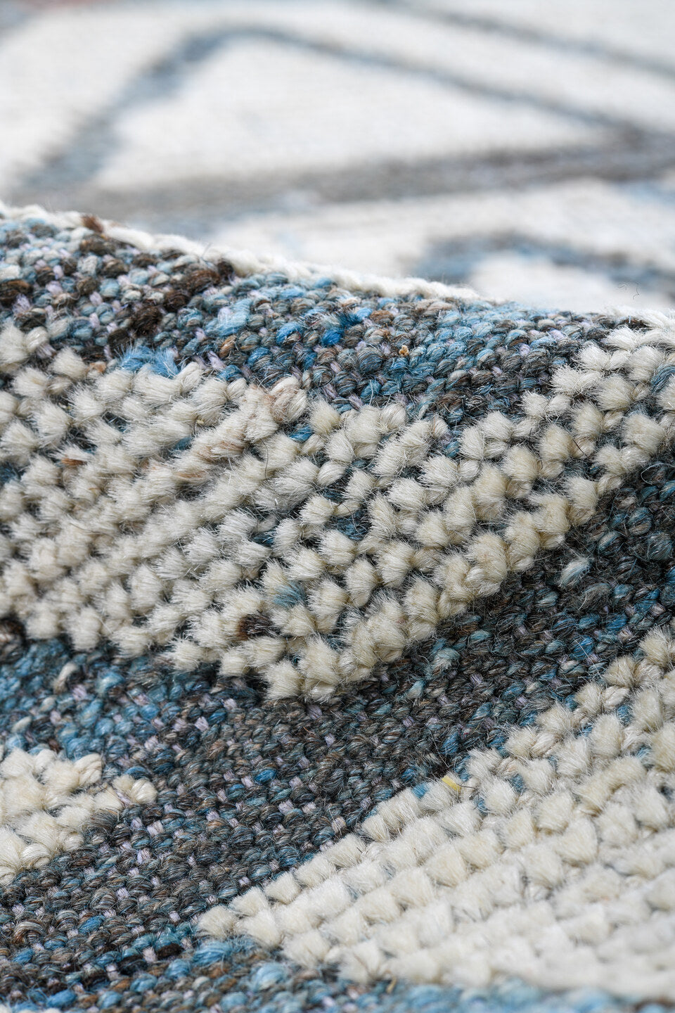 9' x 13' one-of-a-kind handmade vintage Tulu large size rug. Color palette: ivory, slate, blue, charcoal, gray, black