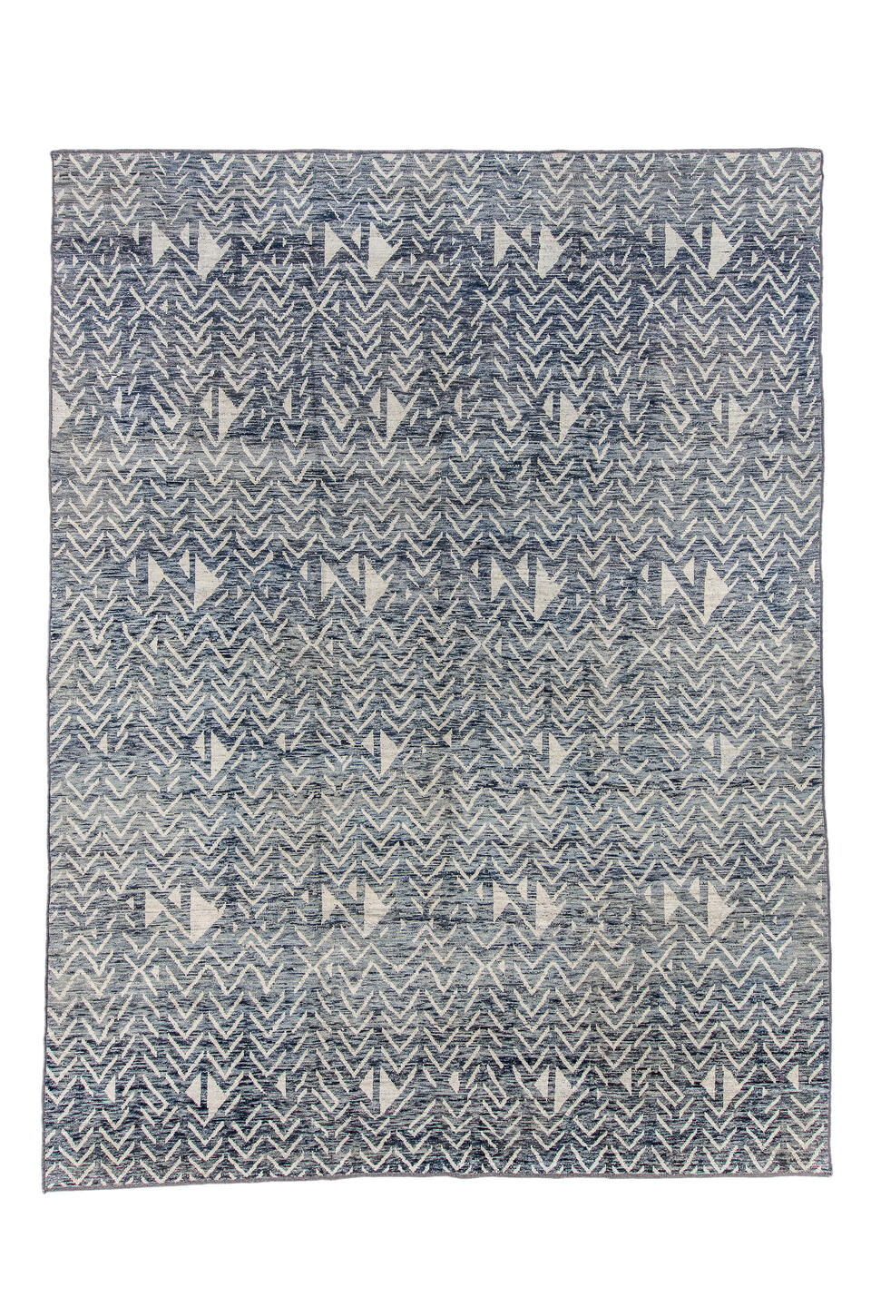 9' x 12' one-of-a-kind handmade vintage Tulu large size rug. Color palette: black, blue, dark gray, dim gray, fiord