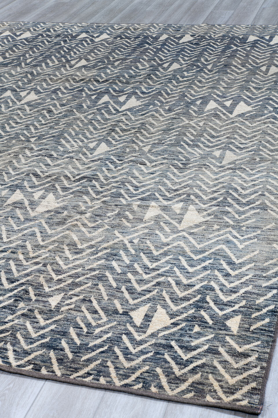 9' x 12' one-of-a-kind handmade vintage Tulu large size rug. Color palette: blue_gray, ivory, slate, charcoal, gray, blue