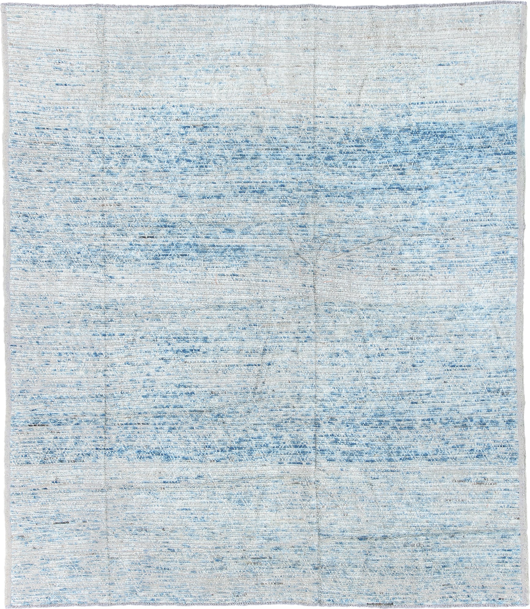 8' x 9' one-of-a-kind handmade vintage Tulu rug. Color palette: ivory, sky blue, ice blue, pale gray, light blue, light gray