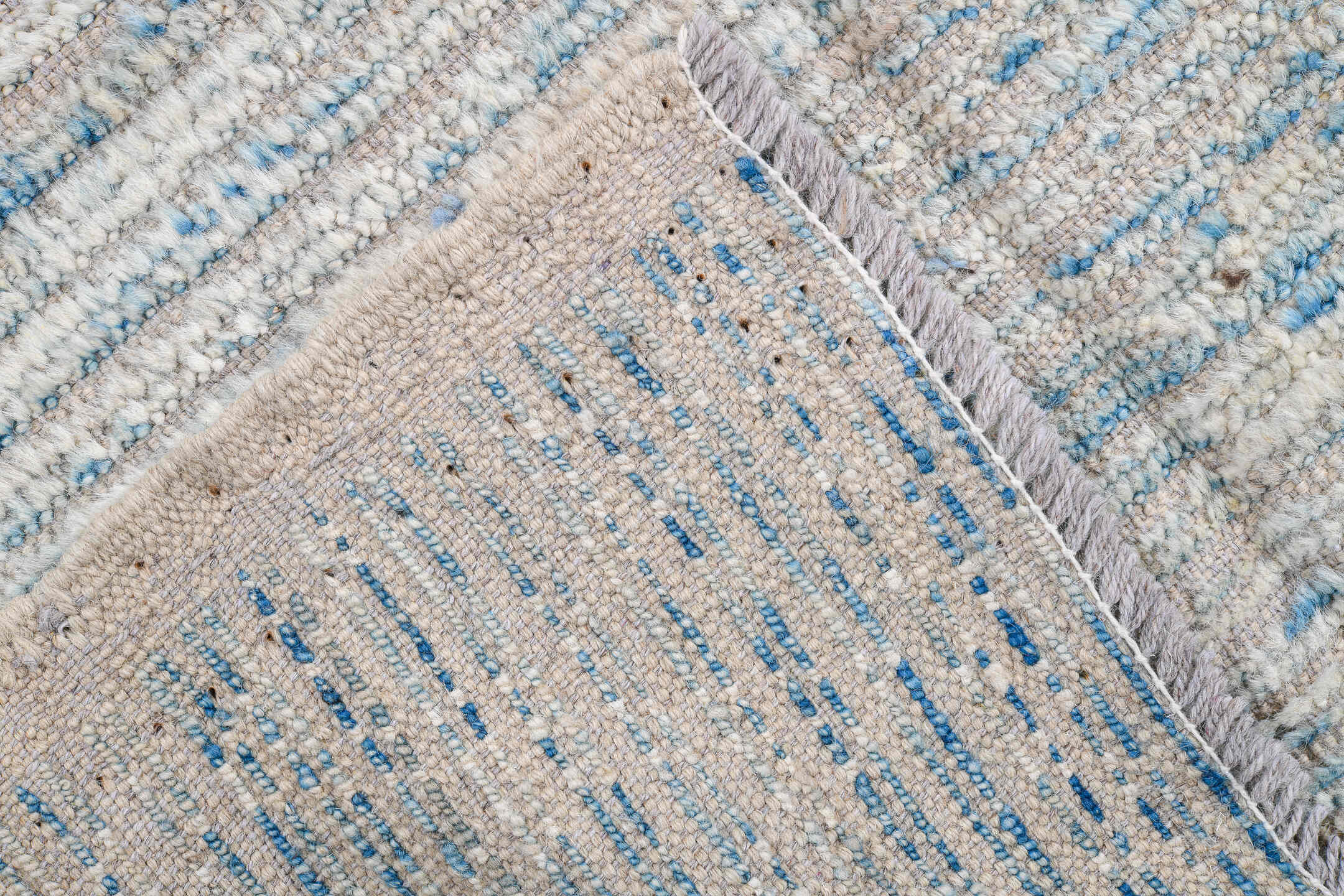 8' x 9' one-of-a-kind handmade vintage Tulu rug. Color palette: ivory, sky blue, ice blue, pale gray, light blue, light gray