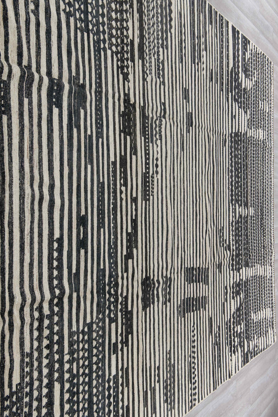 10' x 13' one-of-a-kind handmade vintage Tulu large size rug. Color palette: ivory, charcoal, black, gray