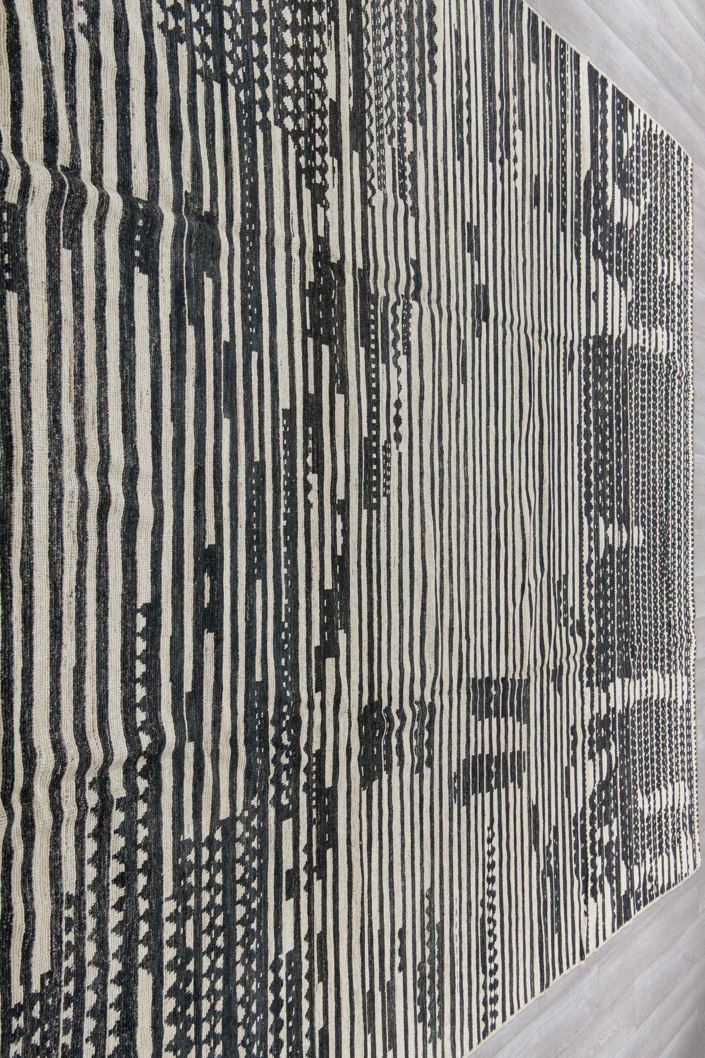 10' x 13' one-of-a-kind handmade vintage Tulu large size rug. Color palette: ivory, charcoal, black, gray