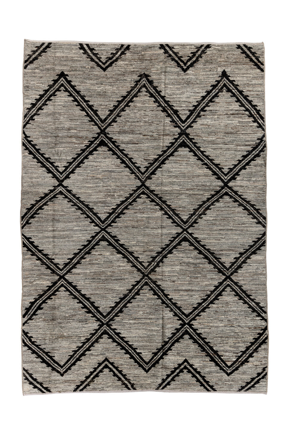 7' x 10' one-of-a-kind handmade vintage Tulu large size rug. Color palette: black, charcoal, dark gray, gray, light gray