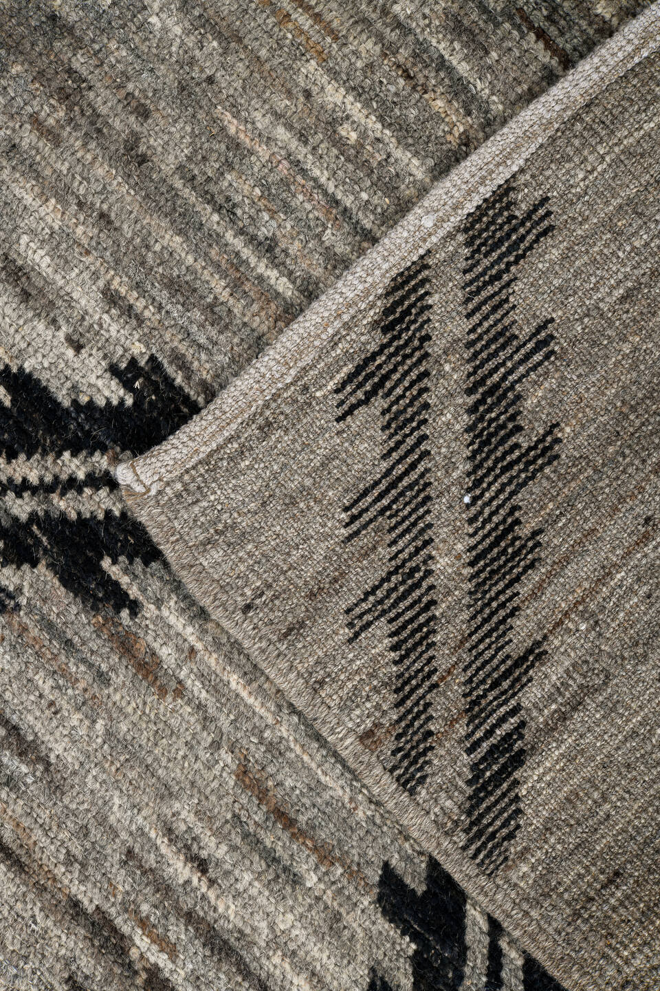 7' x 10' one-of-a-kind handmade vintage Tulu large size rug. Color palette: black, charcoal, dark gray, gray, light gray