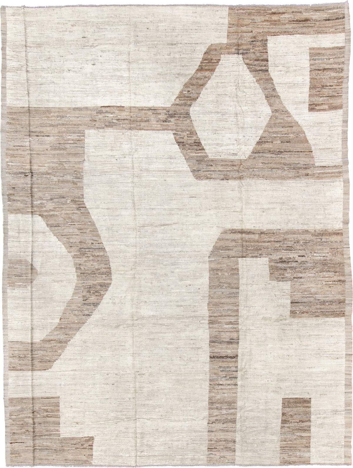 10' x 14' one-of-a-kind handmade vintage Tulu oversize rug. Color palette: ivory, camel, taupe, cream, beige, gray