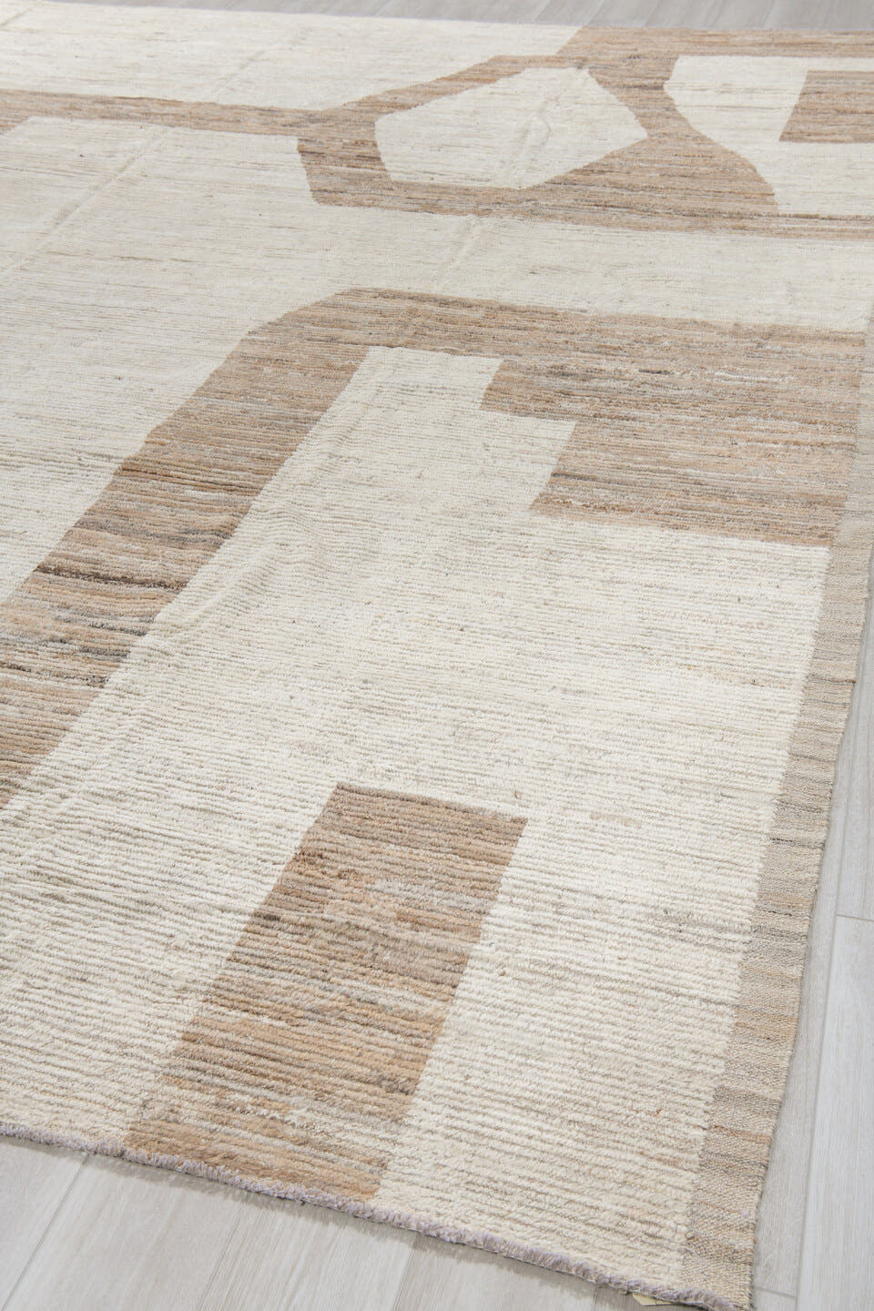 10' x 14' one-of-a-kind handmade vintage Tulu oversize rug. Color palette: ivory, camel, taupe, cream, beige, gray