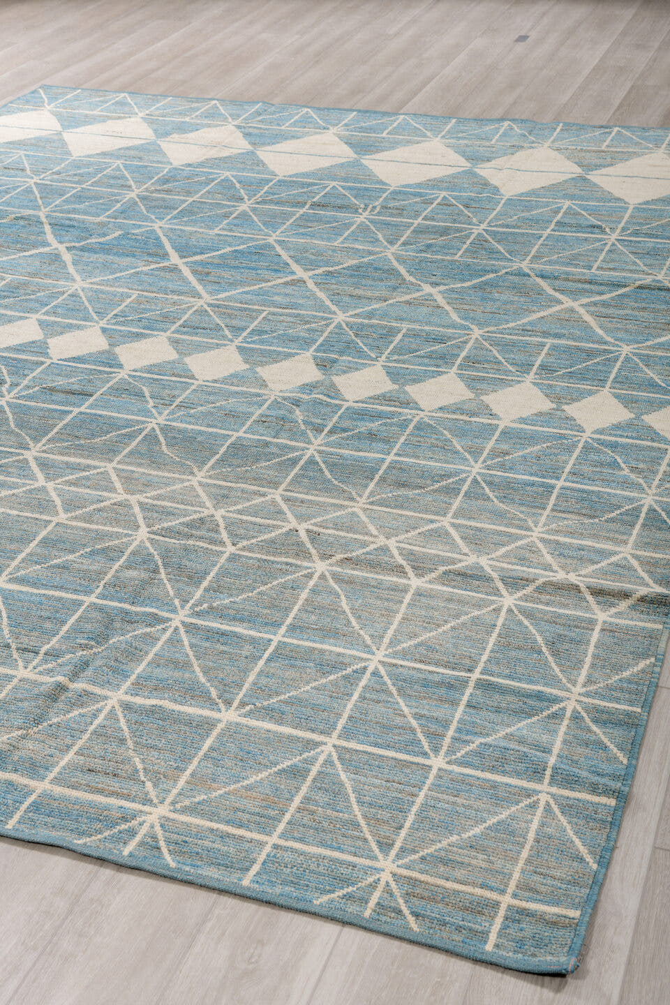 9' x 11' one-of-a-kind handmade vintage Tulu large size rug. Color palette: sky blue, ivory, slate, cream, light blue, gray