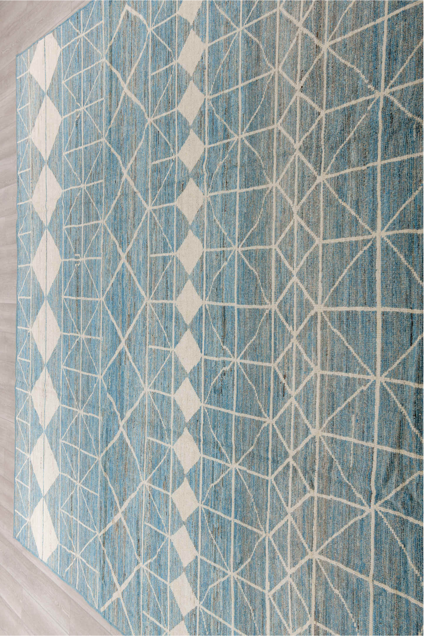 9' x 11' one-of-a-kind handmade vintage Tulu large size rug. Color palette: sky blue, ivory, slate, cream, light blue, gray