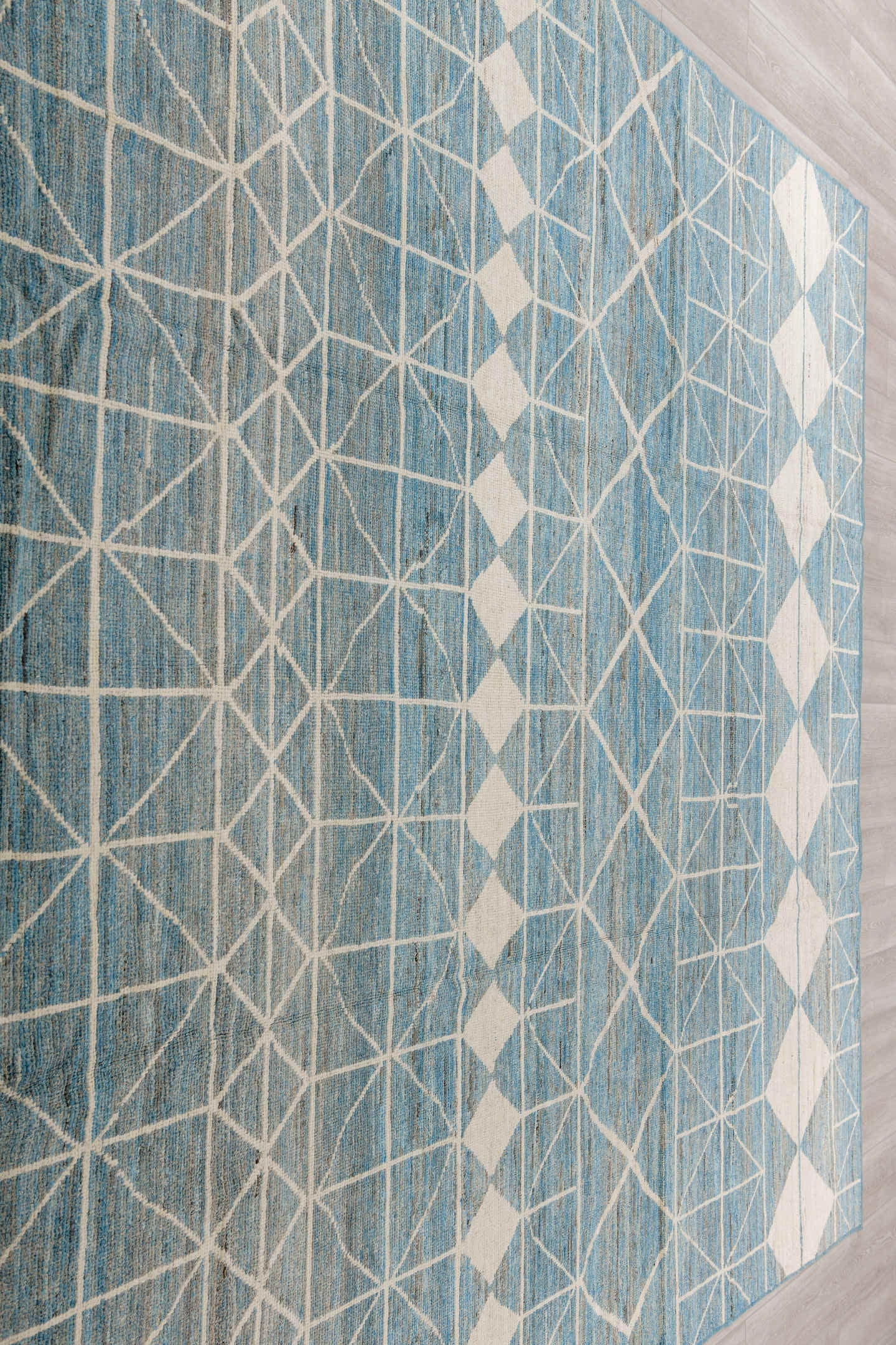 9' x 11' one-of-a-kind handmade vintage Tulu large size rug. Color palette: sky blue, ivory, slate, cream, light blue, gray