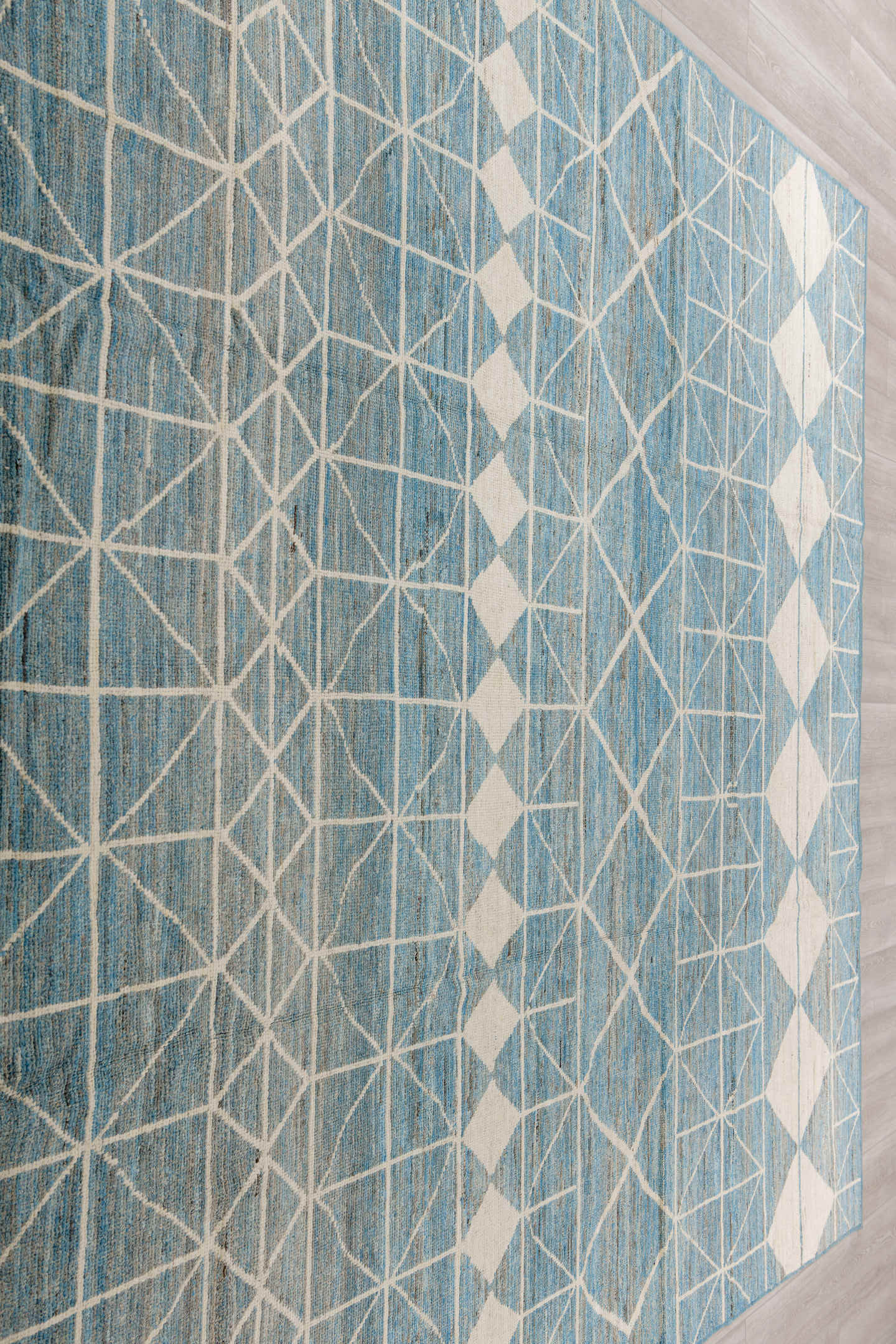 9' x 11' one-of-a-kind handmade vintage Tulu large size rug. Color palette: sky blue, ivory, slate, cream, light blue, gray