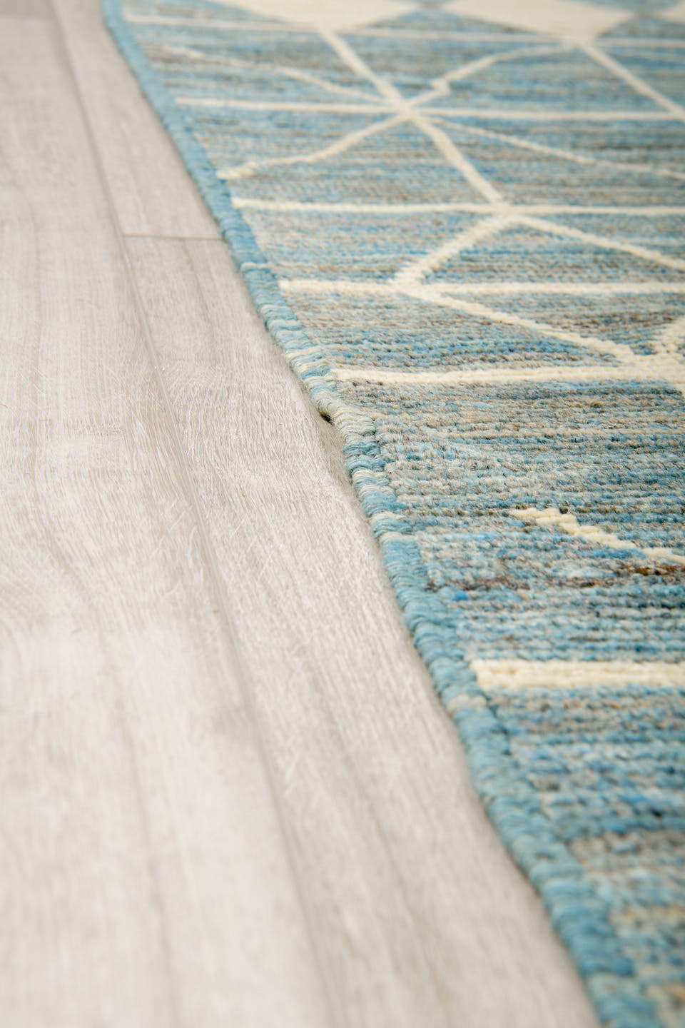 9' x 11' one-of-a-kind handmade vintage Tulu large size rug. Color palette: sky blue, ivory, slate, cream, light blue, gray