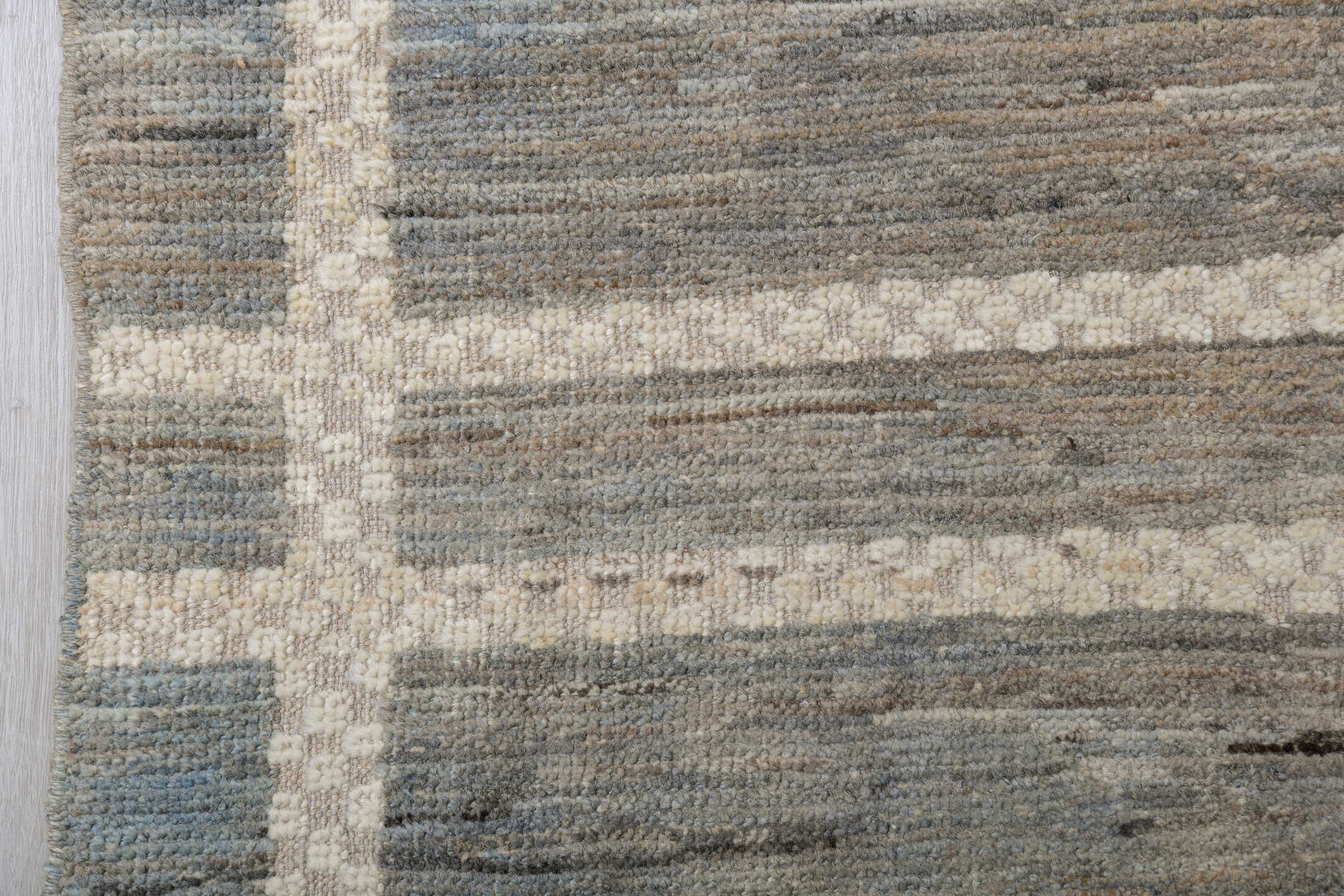 9' x 11' one-of-a-kind handmade vintage Tulu large size rug. Color palette: gray, ivory, taupe, slate, beige