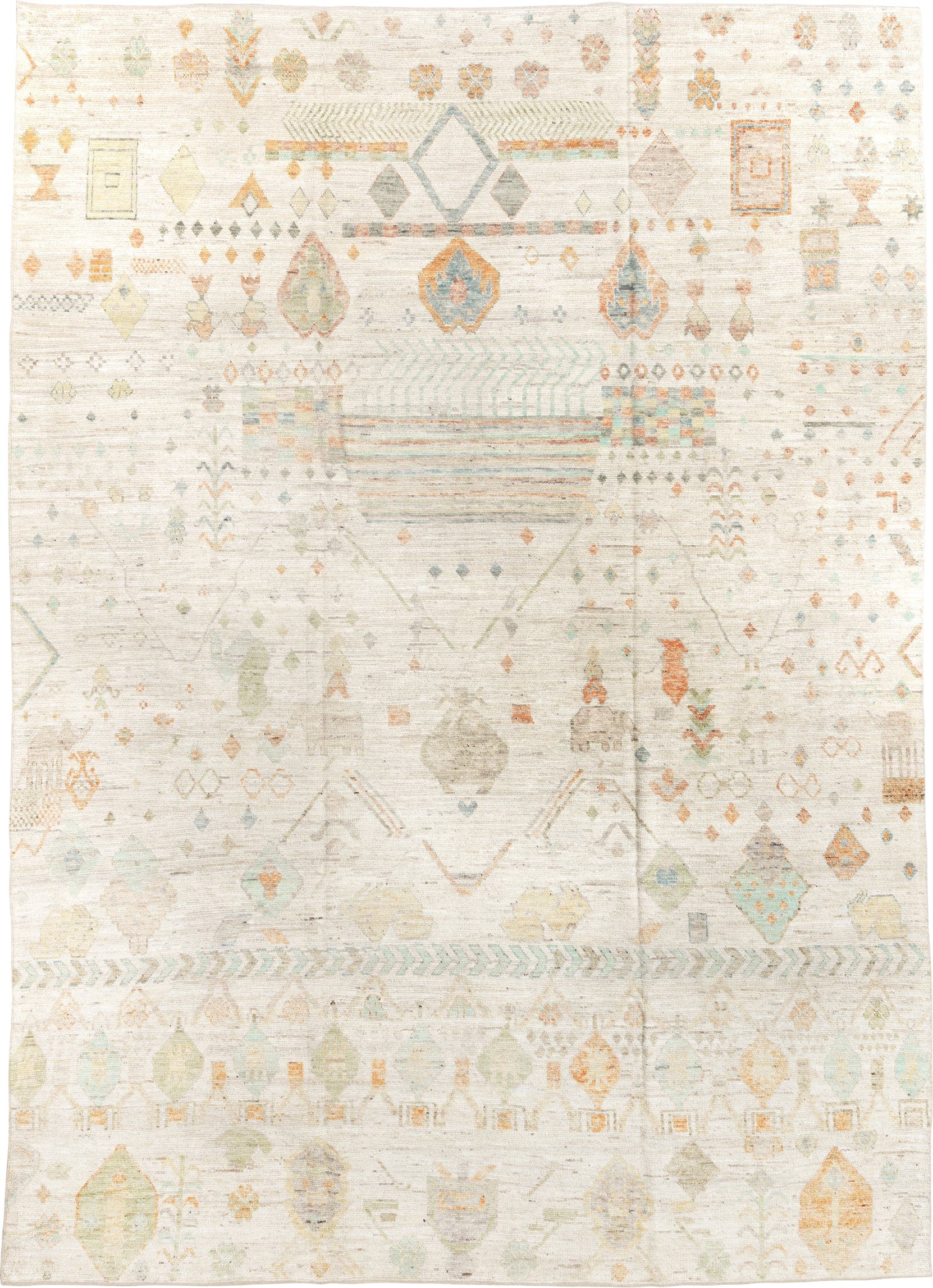 10' x 14' one-of-a-kind handmade vintage Tulu large size rug. Color palette: ivory, sage, aqua, apricot, taupe, pale gold