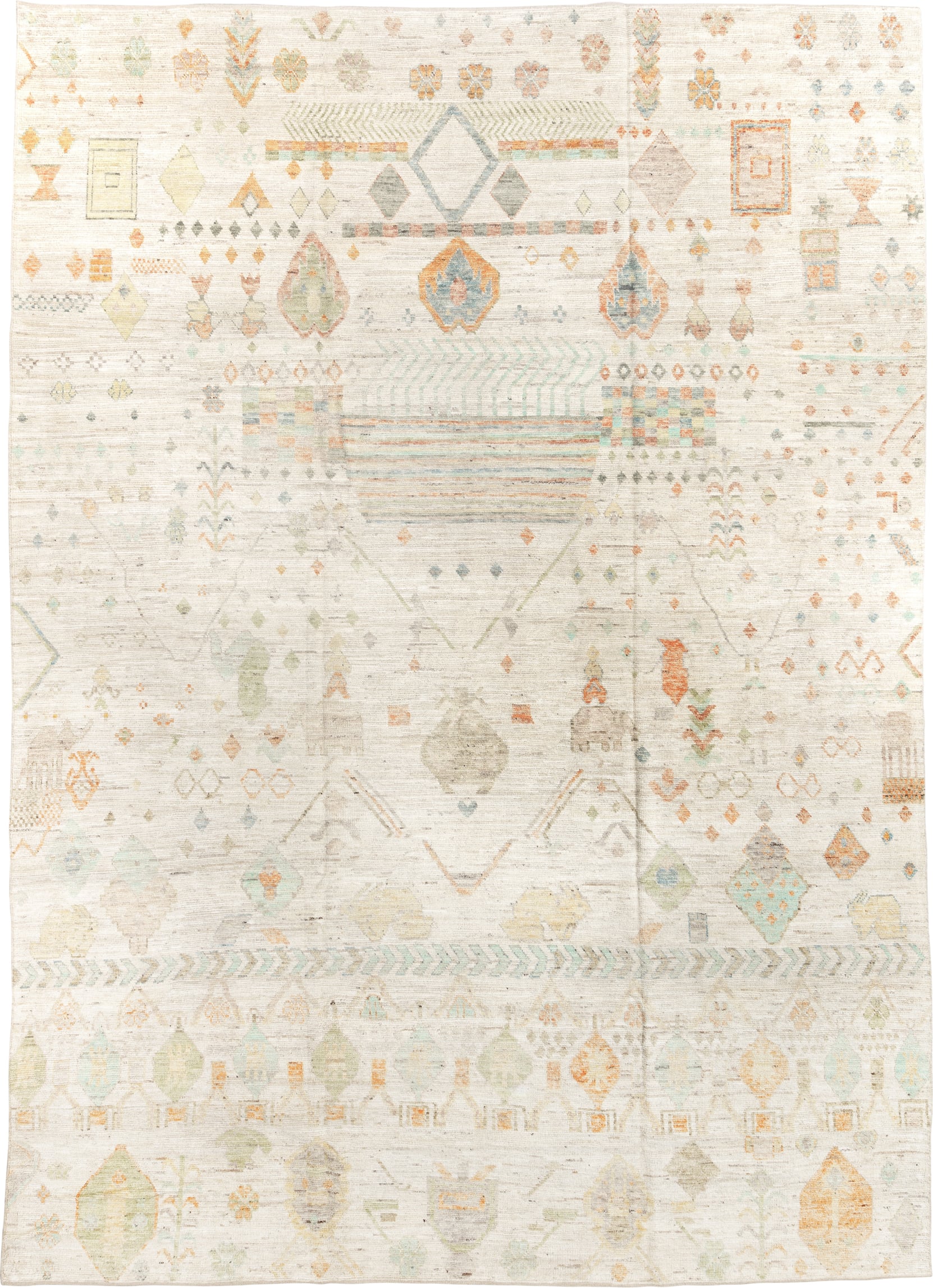 10' x 14' one-of-a-kind handmade vintage Tulu large size rug. Color palette: ivory, sage, aqua, apricot, taupe, pale gold