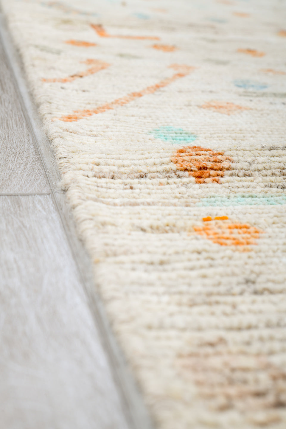 10' x 14' one-of-a-kind handmade vintage Tulu large size rug. Color palette: ivory, sage, aqua, apricot, taupe, pale gold