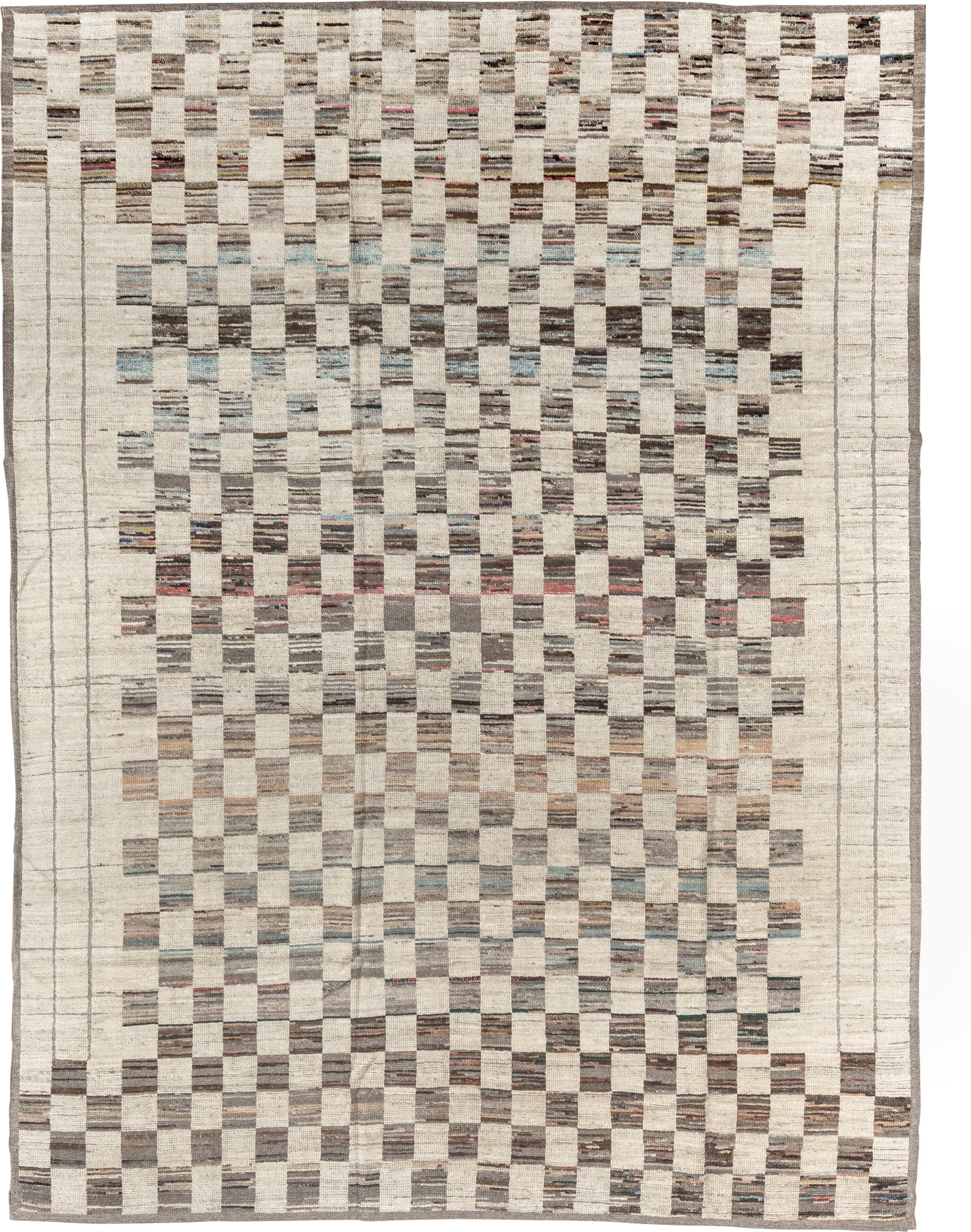 7' x 10' one-of-a-kind handmade vintage Tulu large size rug. Color palette: ivory, taupe, charcoal, camel, sky_blue, rose