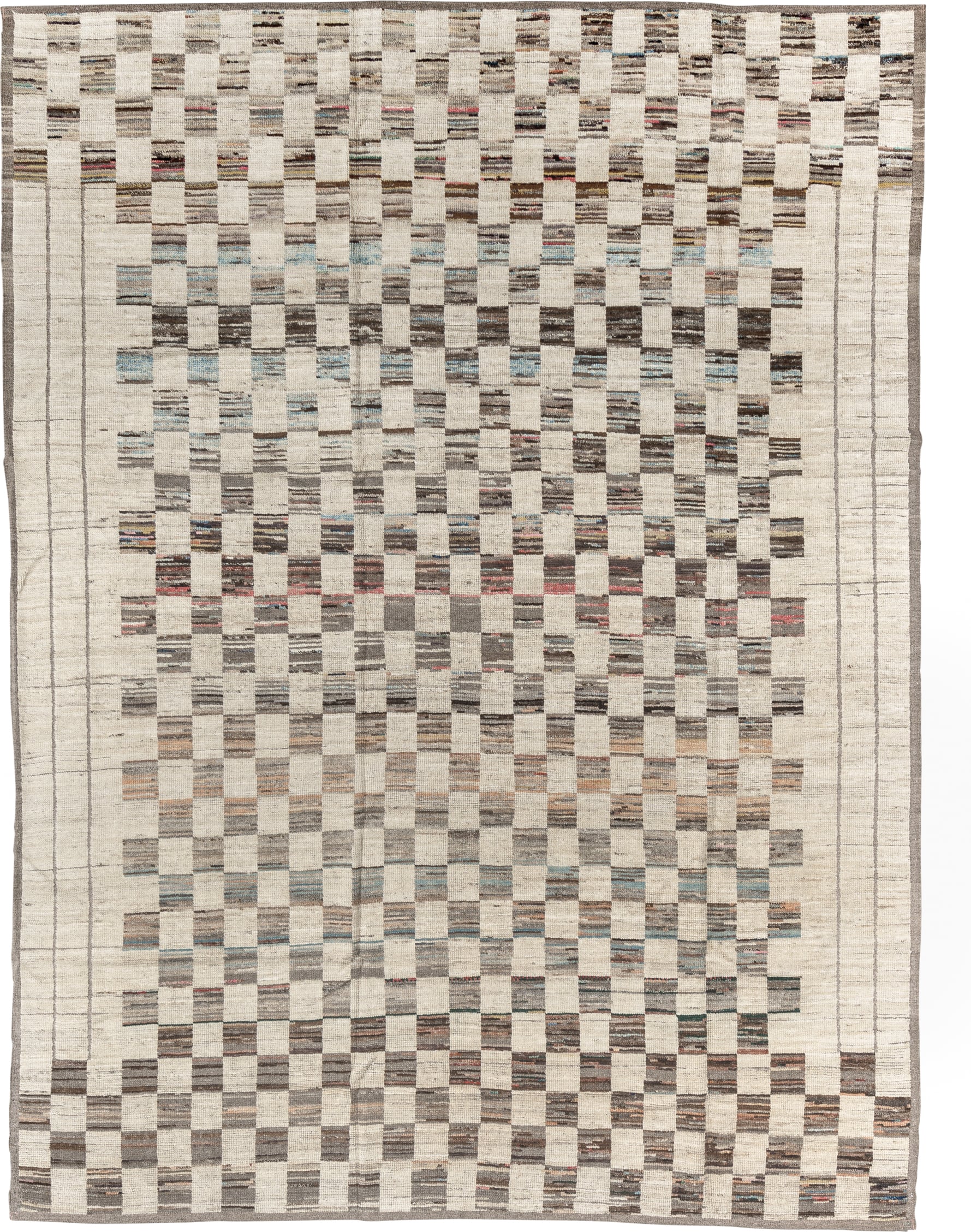 7' x 10' one-of-a-kind handmade vintage Tulu large size rug. Color palette: ivory, taupe, charcoal, camel, sky_blue, rose