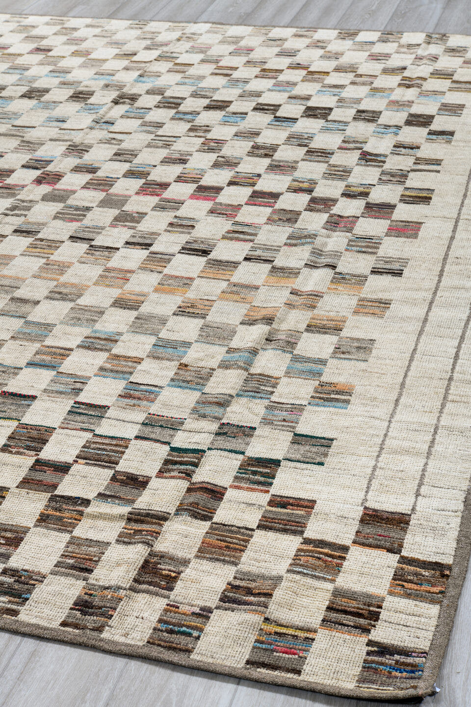 7' x 10' one-of-a-kind handmade vintage Tulu large size rug. Color palette: ivory, taupe, charcoal, camel, sky_blue, rose