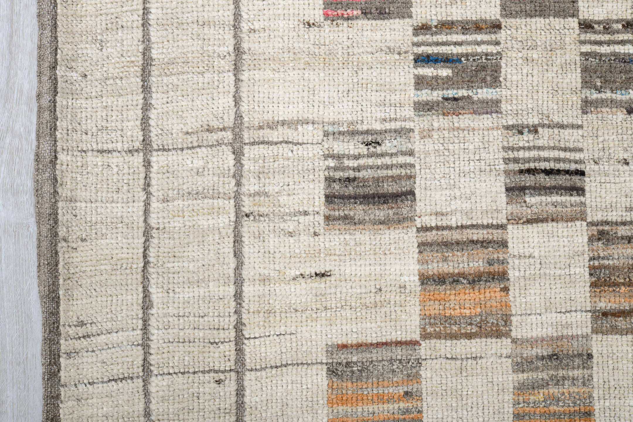 7' x 10' one-of-a-kind handmade vintage Tulu large size rug. Color palette: ivory, taupe, charcoal, camel, sky_blue, rose