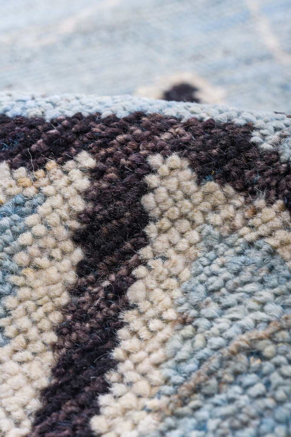 9' x 12' one-of-a-kind handmade vintage Tulu large size rug. Color palette: sky blue, charcoal, ivory, slate, light blue