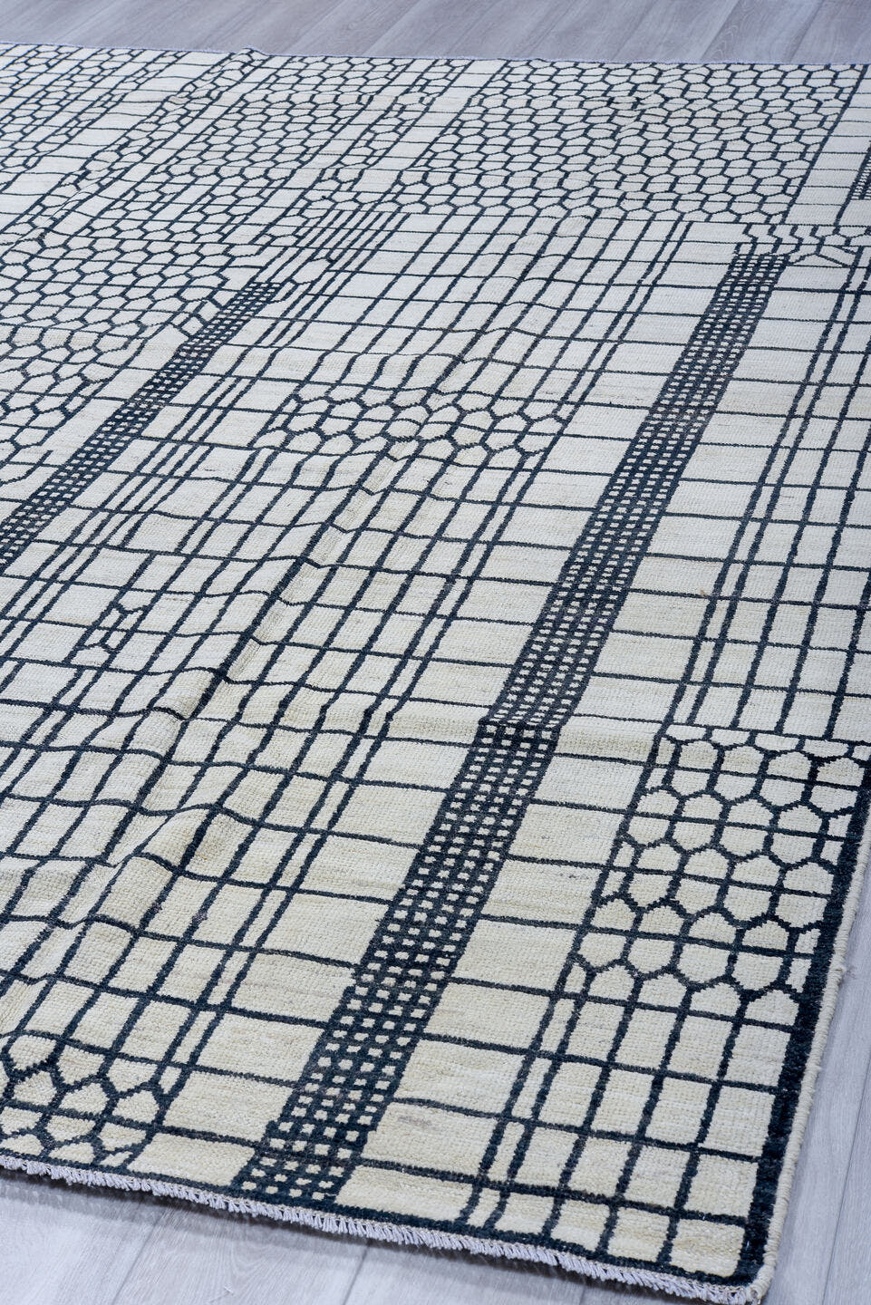 8' x 10' one-of-a-kind handmade vintage Tulu large size rug. Color palette: ivory, charcoal, gray, black