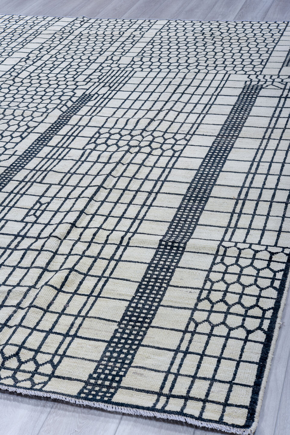 8' x 10' one-of-a-kind handmade vintage Tulu large size rug. Color palette: ivory, charcoal, gray, black