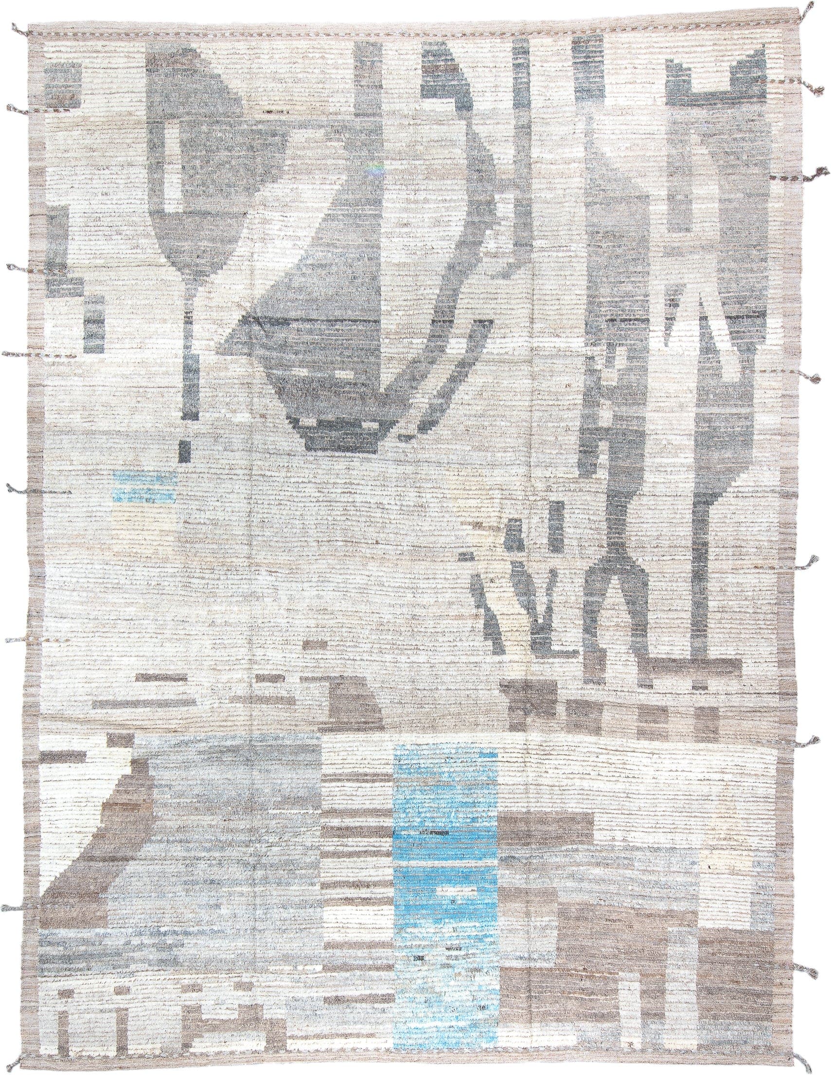 9' x 12' one-of-a-kind handmade vintage Tulu large size rug. Color palette: ivory, gray, taupe, sky_blue, beige, light blue