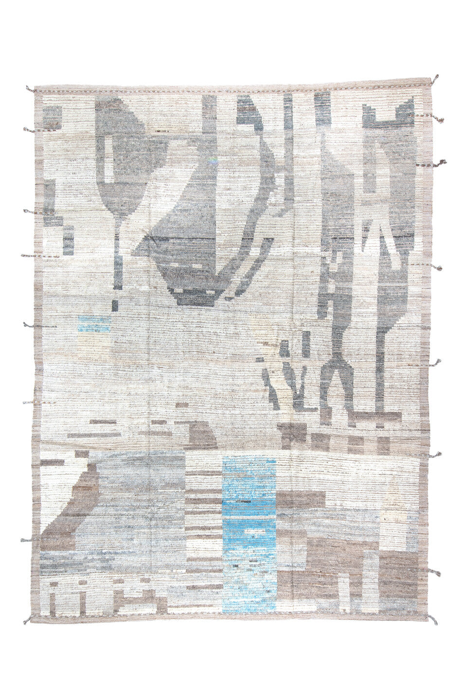 9' x 12' one-of-a-kind handmade vintage Tulu large size rug. Color palette: black, blue, charcoal, dark gray, dim gray