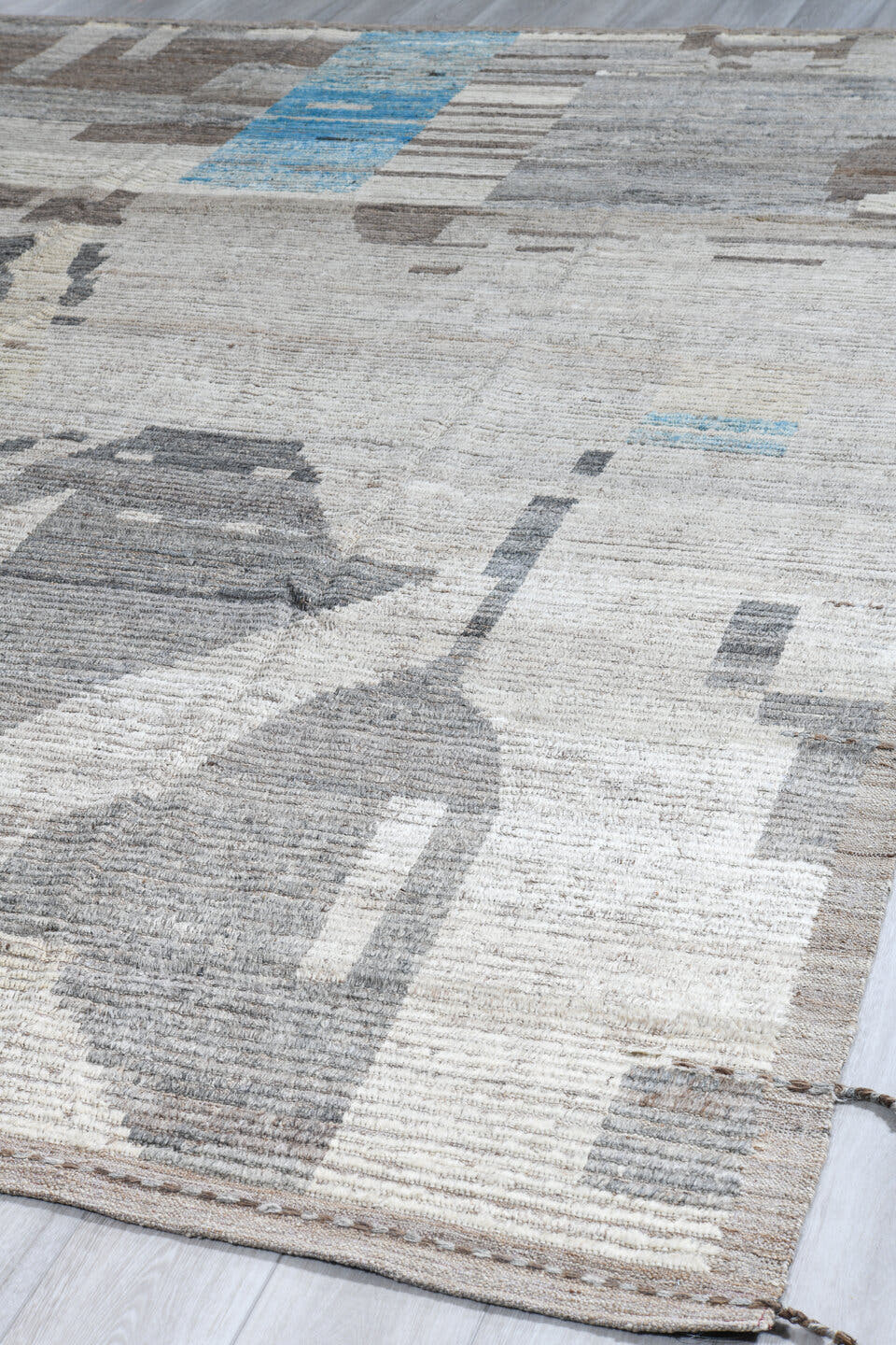 9' x 12' one-of-a-kind handmade vintage Tulu large size rug. Color palette: ivory, gray, taupe, sky_blue, beige, light blue