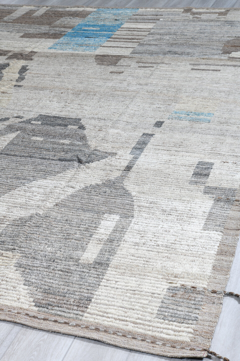 9' x 12' one-of-a-kind handmade vintage Tulu large size rug. Color palette: ivory, gray, taupe, sky_blue, beige, light blue