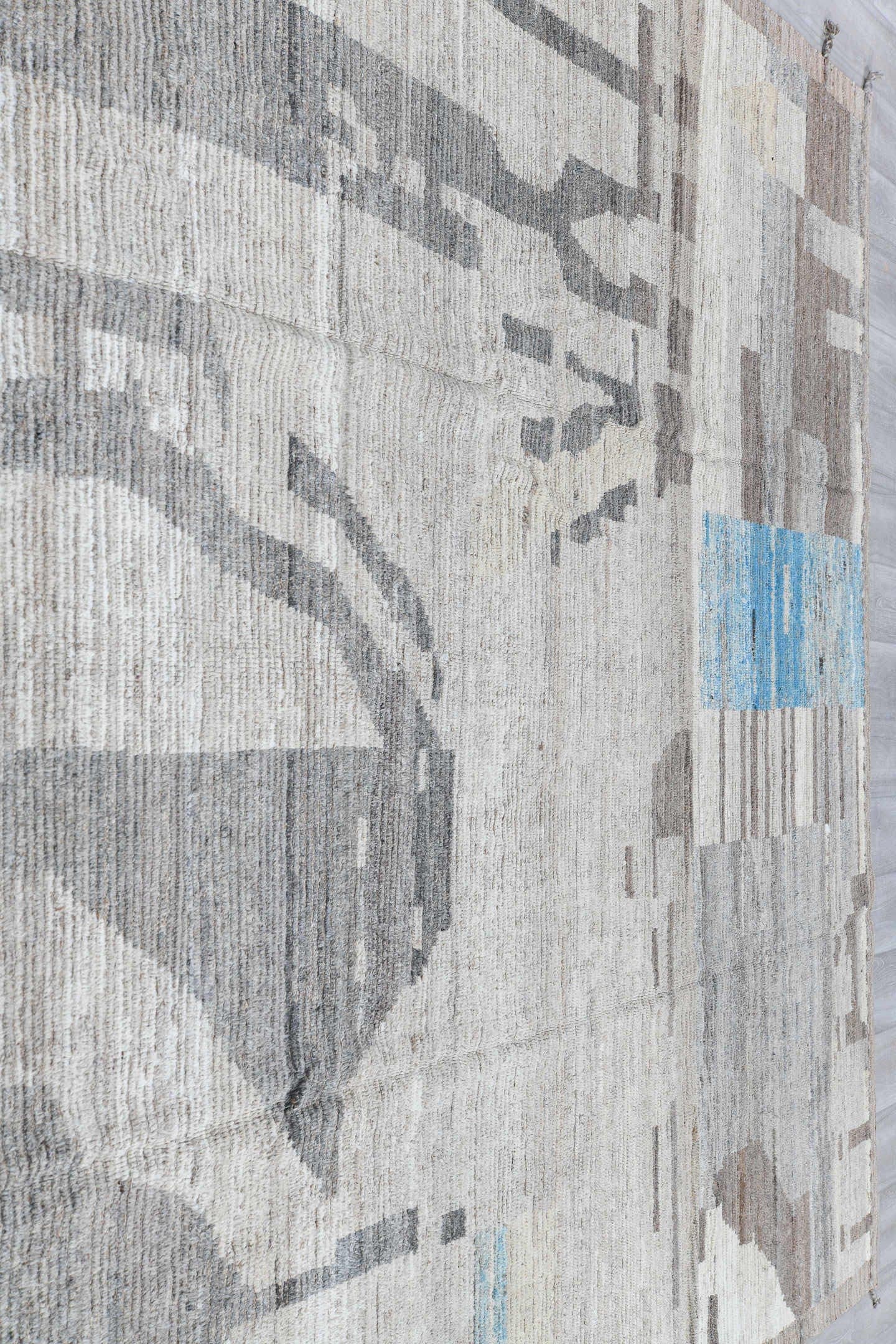 9' x 12' one-of-a-kind handmade vintage Tulu large size rug. Color palette: ivory, gray, taupe, sky_blue, beige, light blue